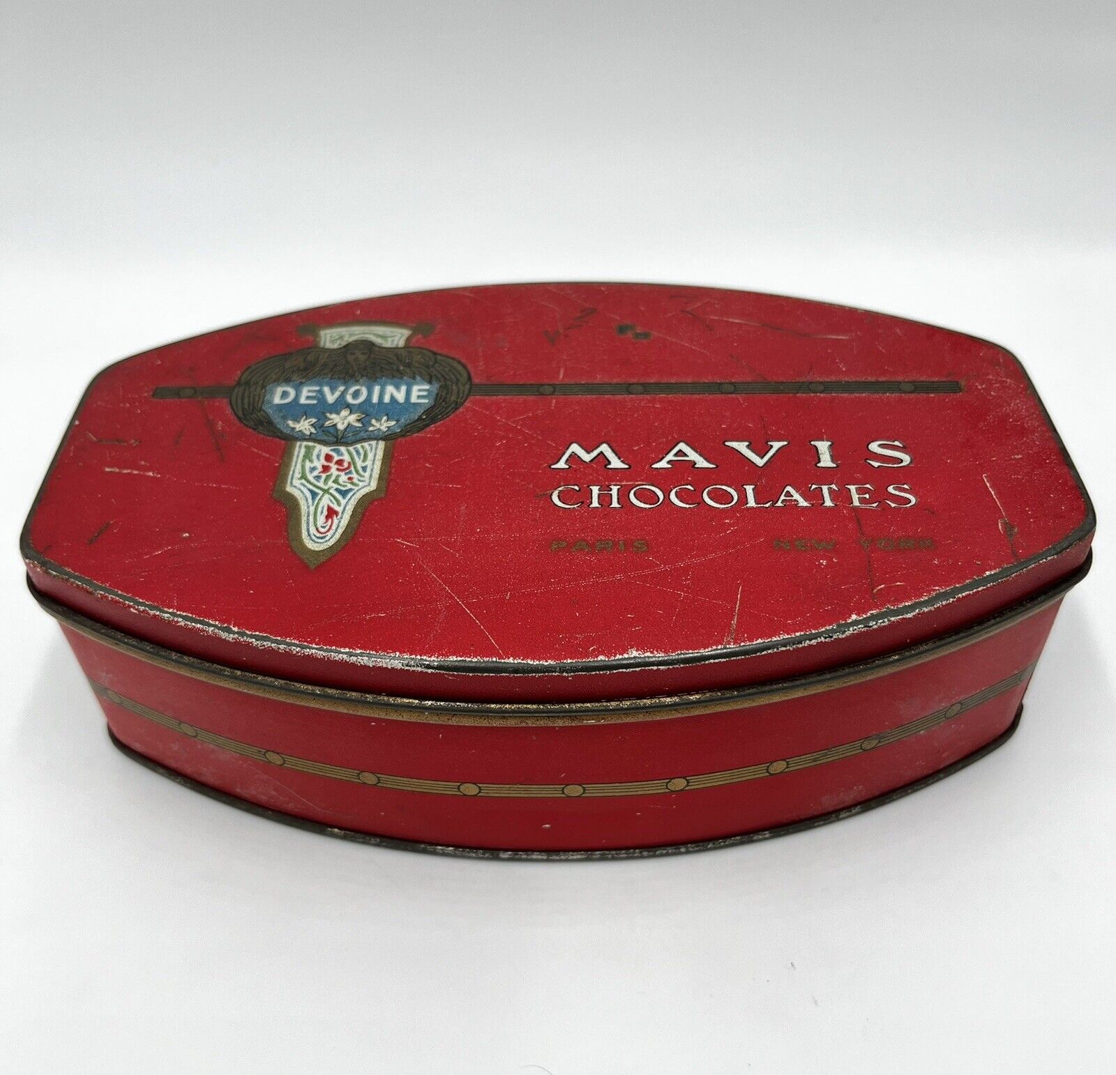 Antique Tin Candy Box Devoine Mavis Chocolates Paris New York Red Gold 7.5x4.5”