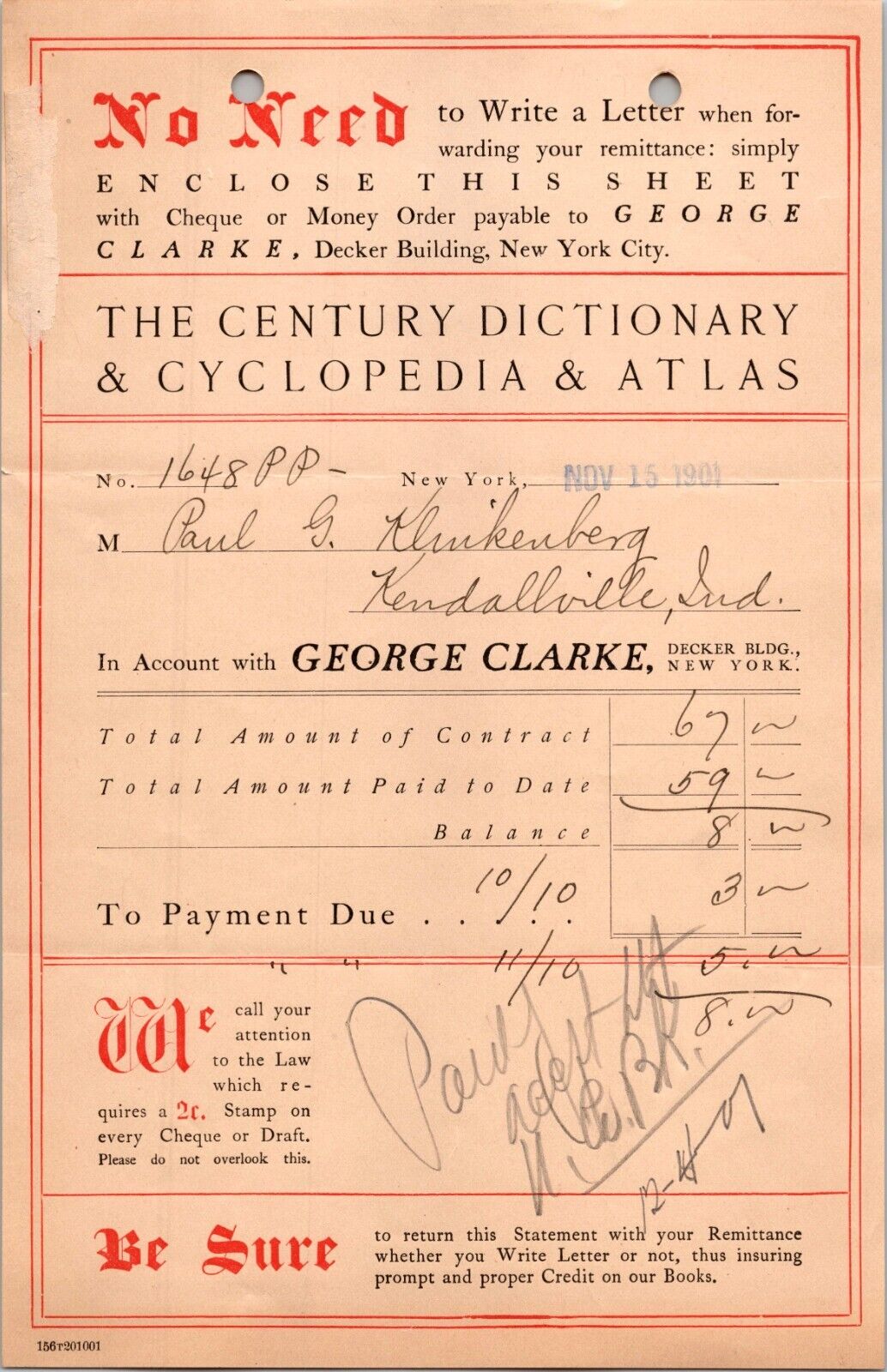 George Clarke New York NY 1901 Billhead Dictionary Cyclopedia & Atlas