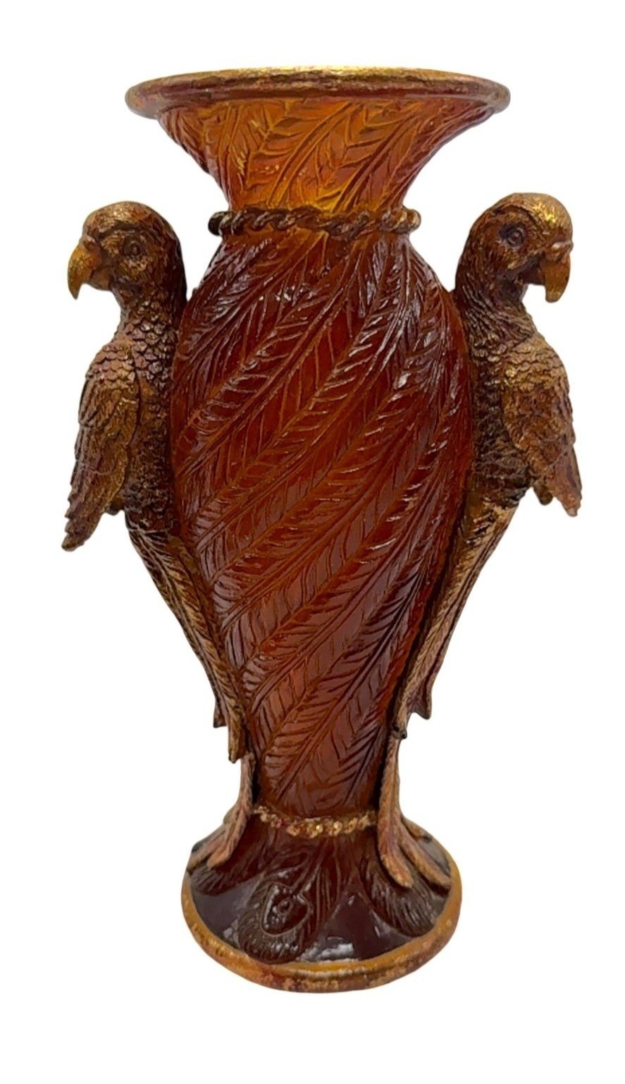 Amber & Gold Resin Parrot Vase With Feathered Textured Body 