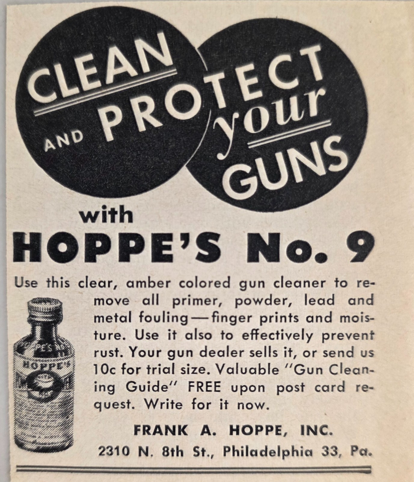 1946 Print Ad Hoppe\'s No. 9 Gun Cleaning Oil Cleans & Protects Philadelphia,PA