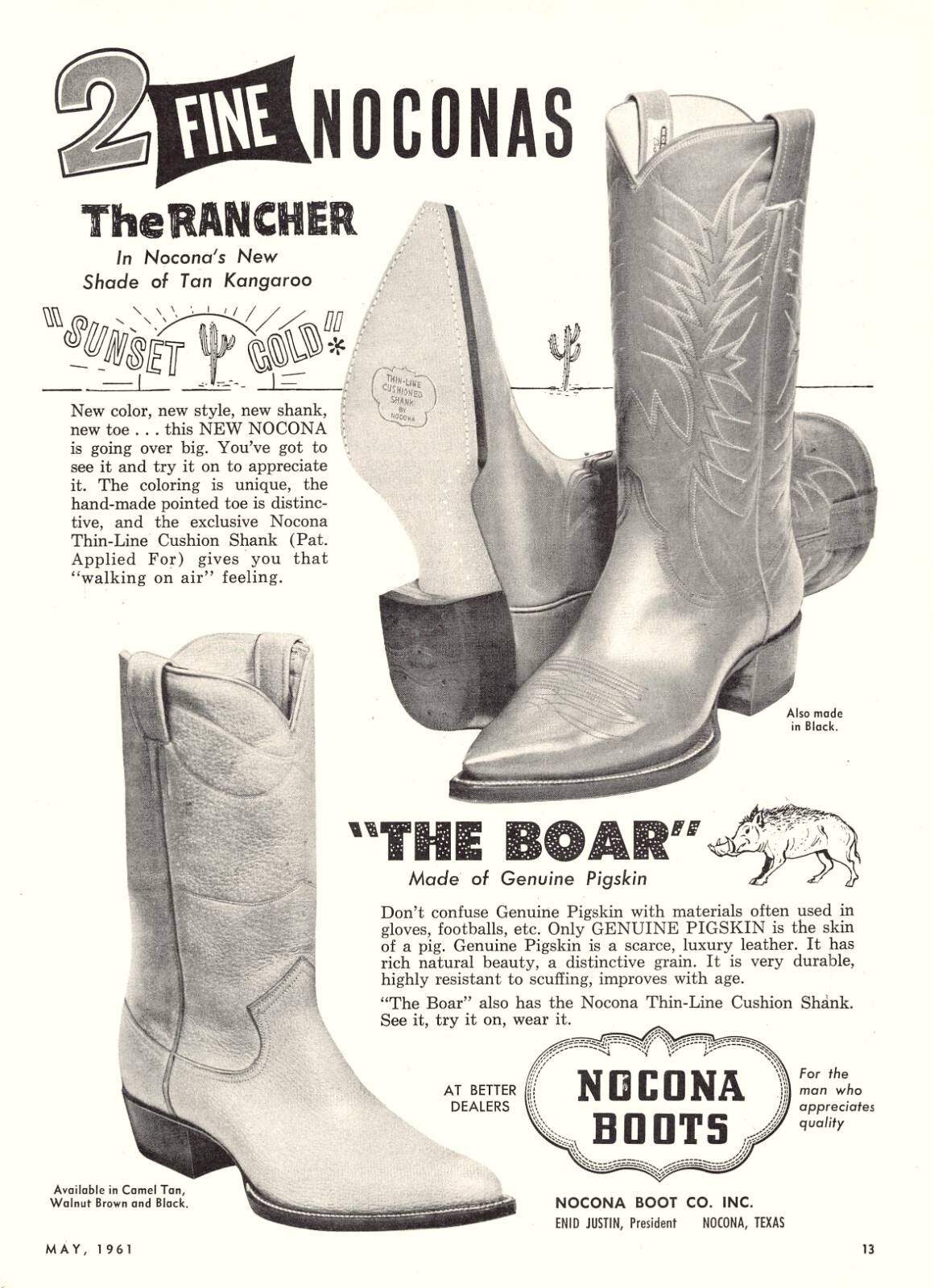 Nocona Boot Co The Rancher The Boar Pigskin Cowboy Boots Vtg Magazine Print Ad