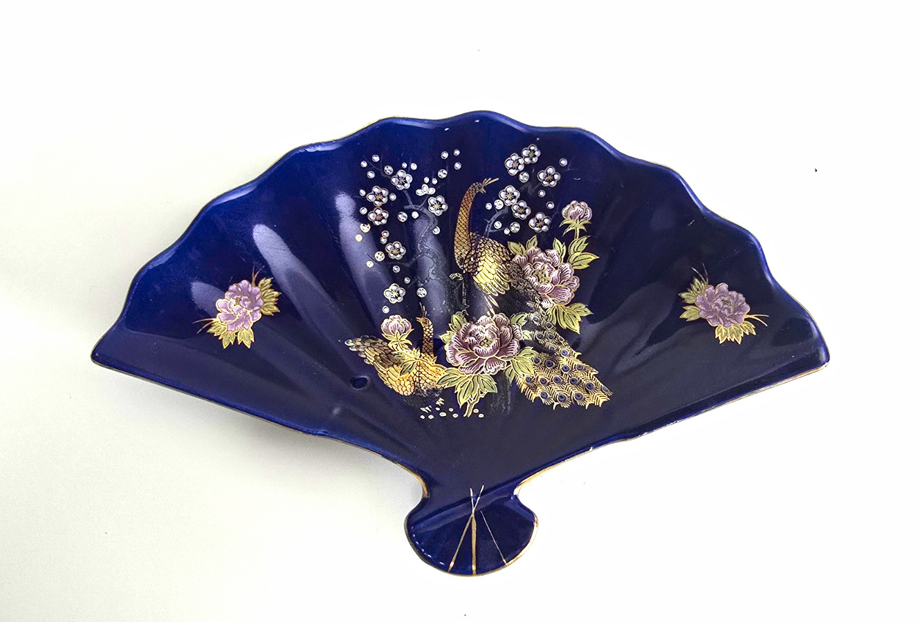 Vintage Chinese Porcelain Peacock Fan Shaped Tray Dish Cobalt Blue Gold Floral