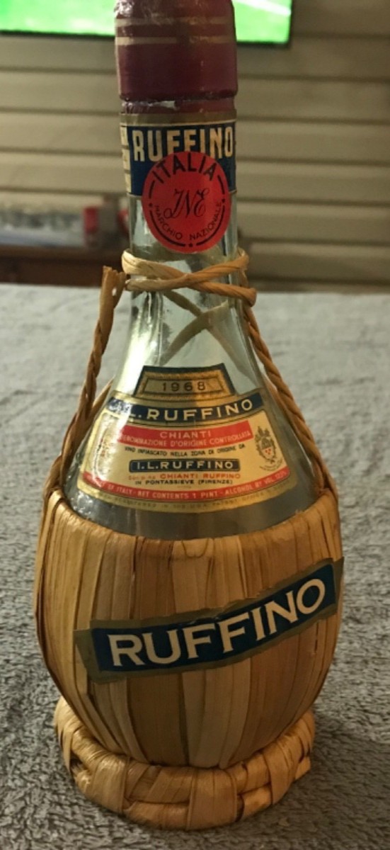 Vintage Ruffino Straw Basket Chianti Bottle - Empty 1968 pint Italy