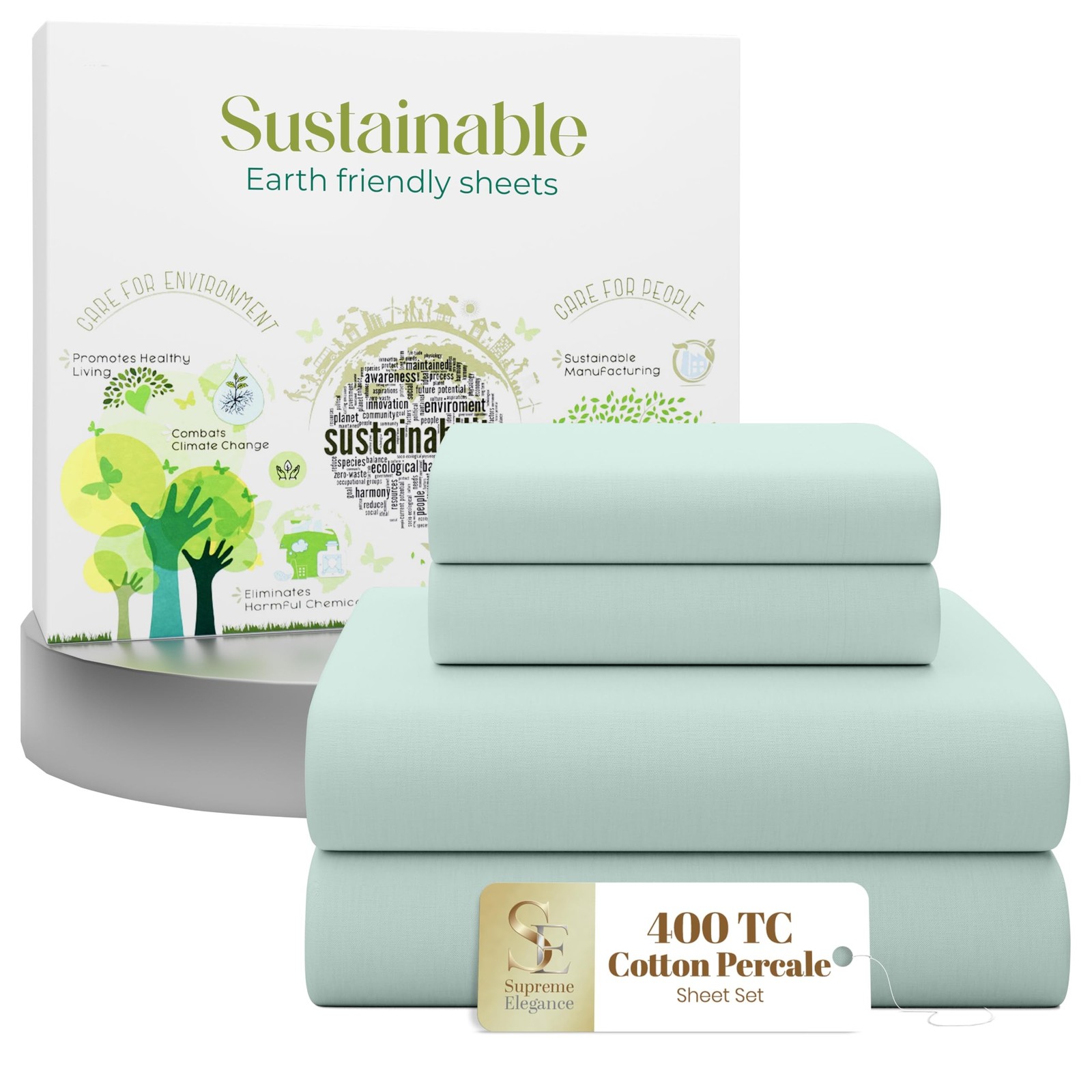 SUPREME ELEGANCE 4 Pcs 100% Cotton King Size Sheets Set, Light Green, 400 Thr... SUPREME ELEGANCE 4 Pcs 100% Cotton King Size Sheets Set, Light Green, 400 Thr...