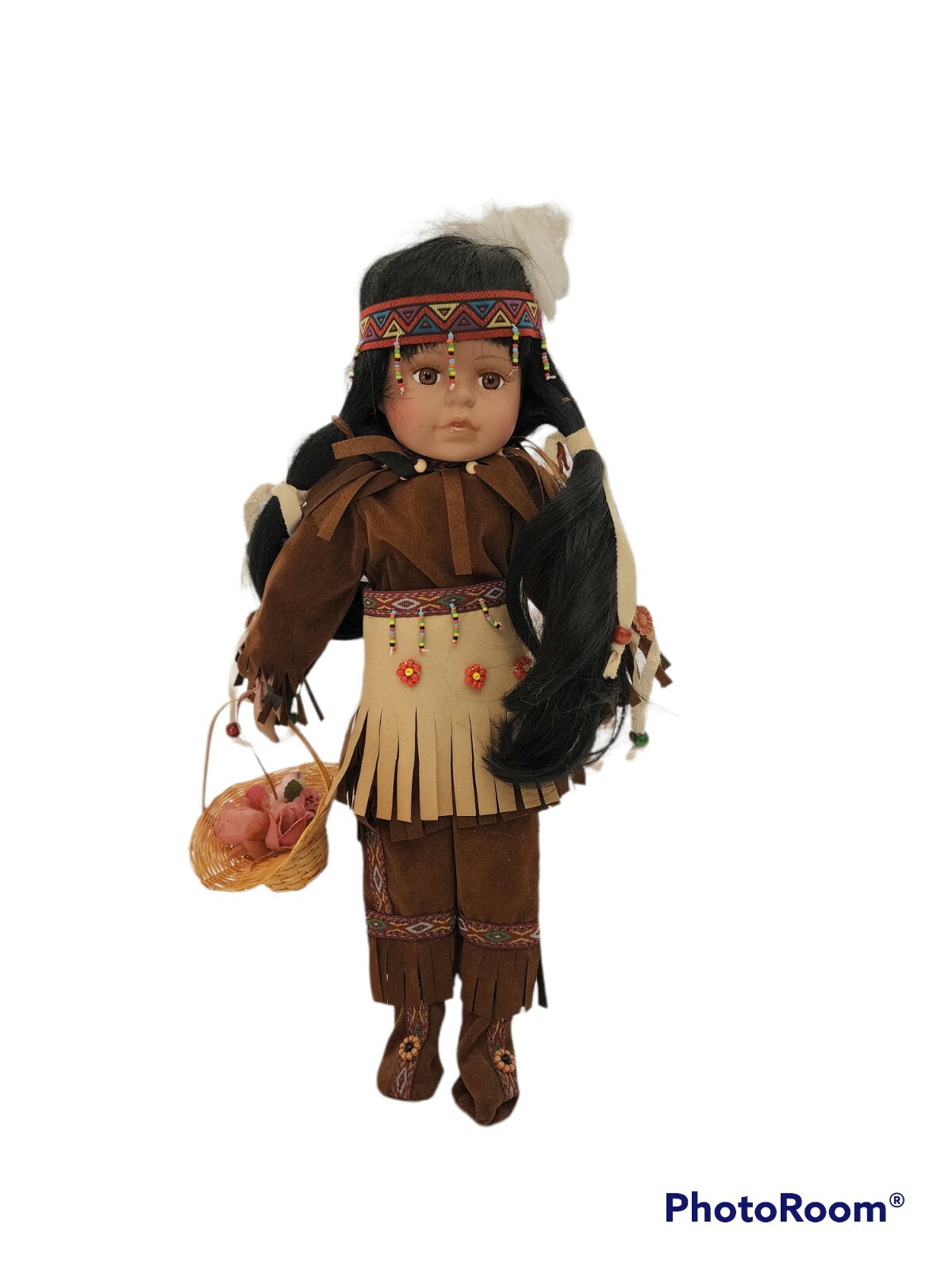 Cathay Collection Porcelain Native American Indian Girl Doll holding basket