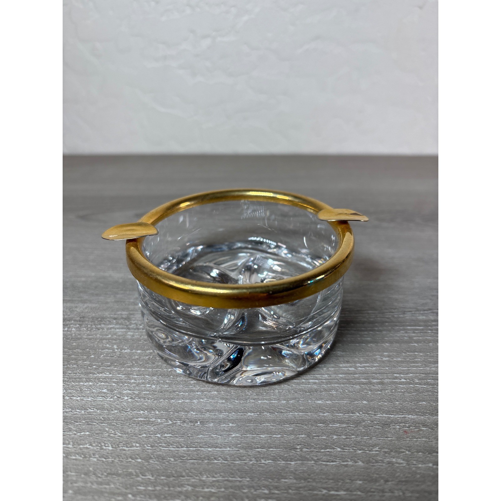 Vintage Heavy Clear Glass Ashtray with Gold Rim Mid Century Modern Decor