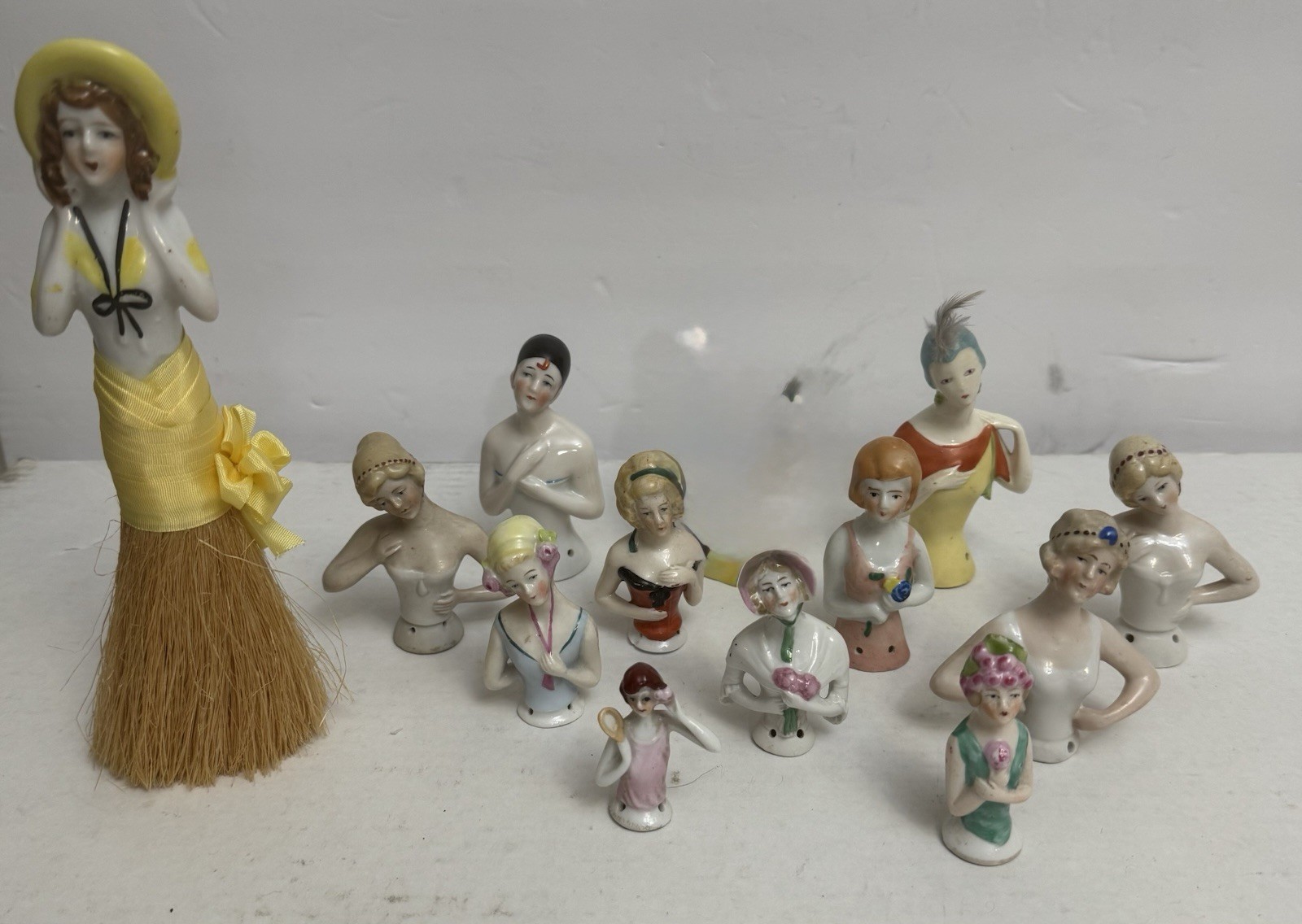 Lot 12 Half Doll German Pin Cushion Porcelain Art Deco Figurine Antique Vintage