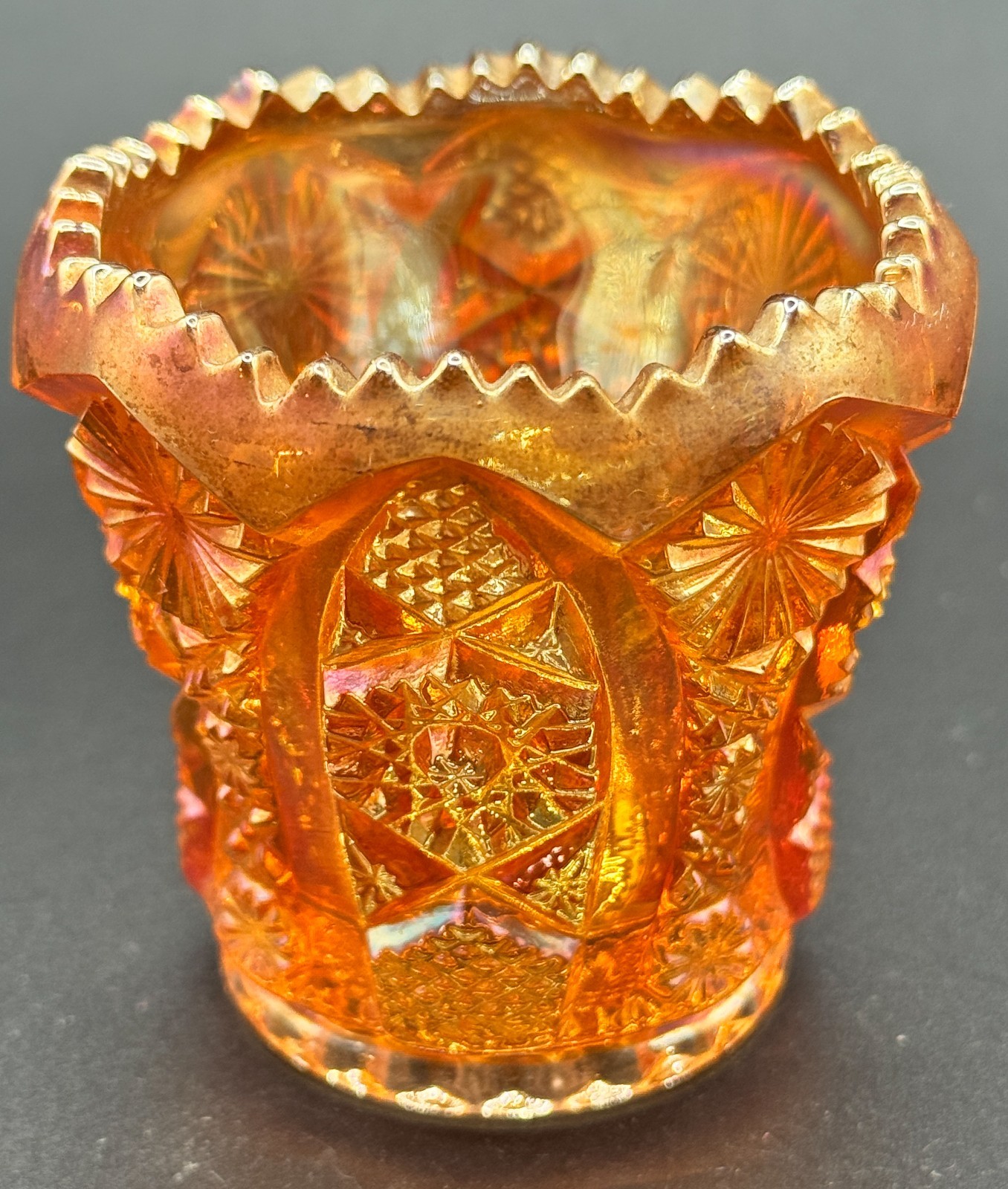 1970 Imperial Daisy & Button Marigold Carnival Glass Iridescent Toothpick Holder