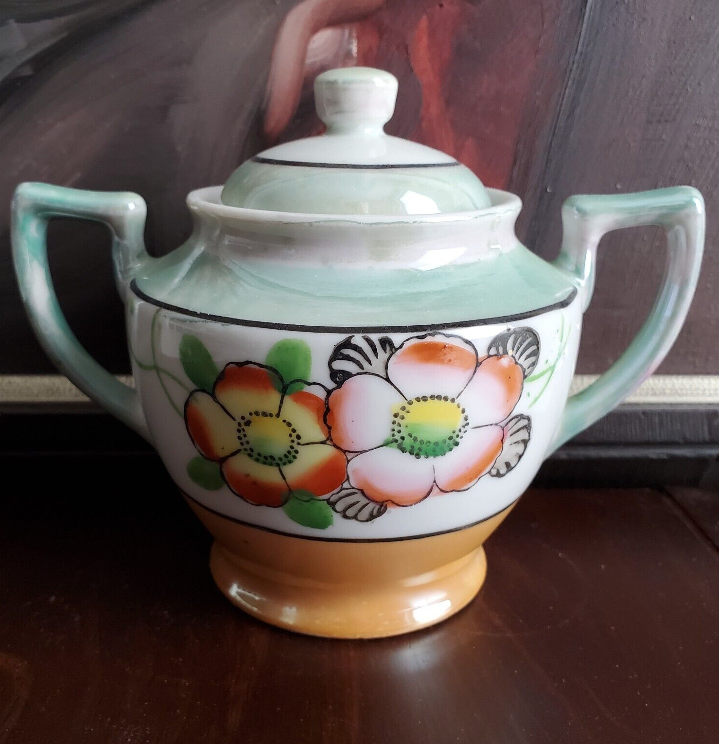 Lusterware Lustre Ware Sugar Dish Orange and Green Floral Hand Painted Vintage