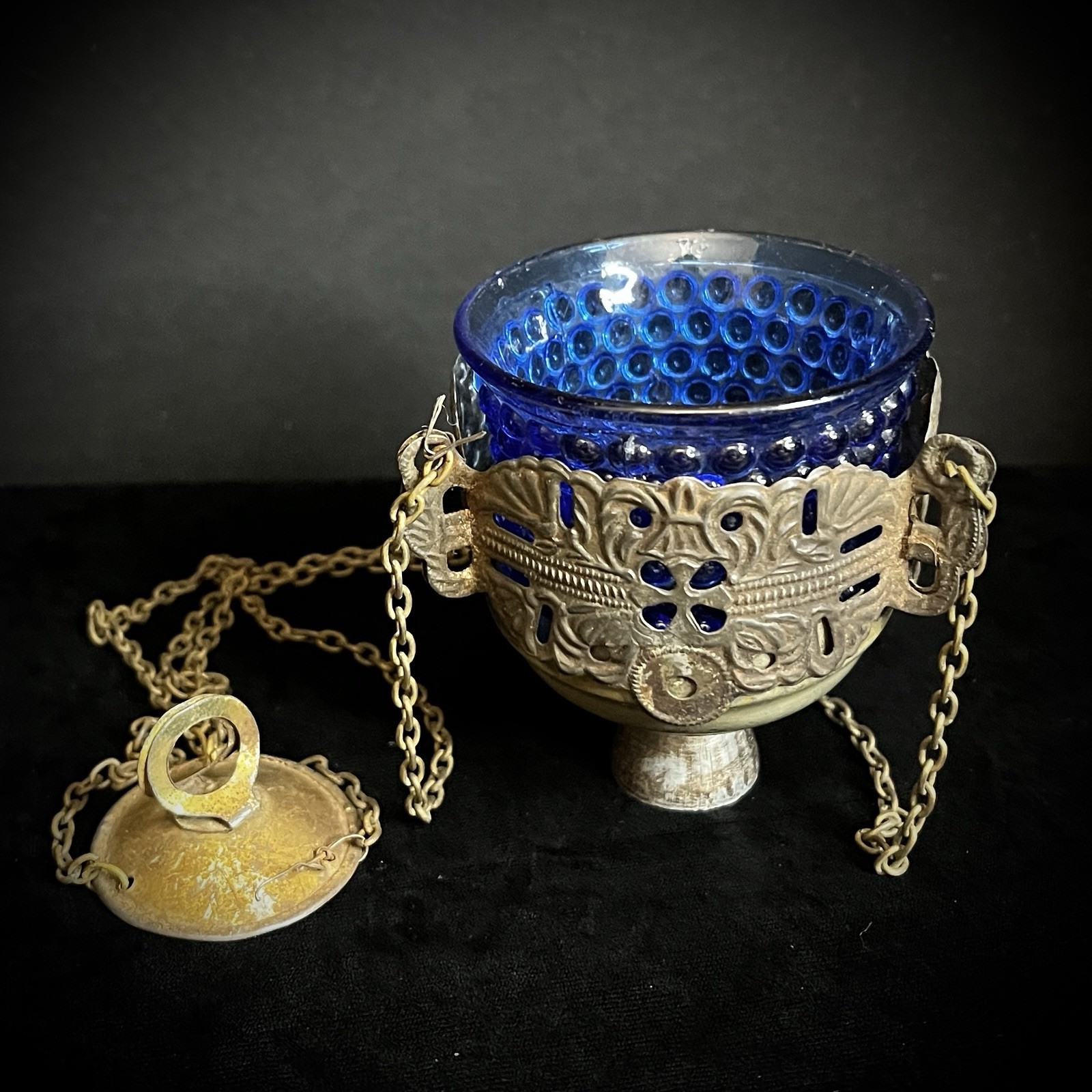 Pre-1900s ANTIQUE ORTHODOX BRASS HANGING LAMPADA (CHURCH LAMP) Blue Glass Insert