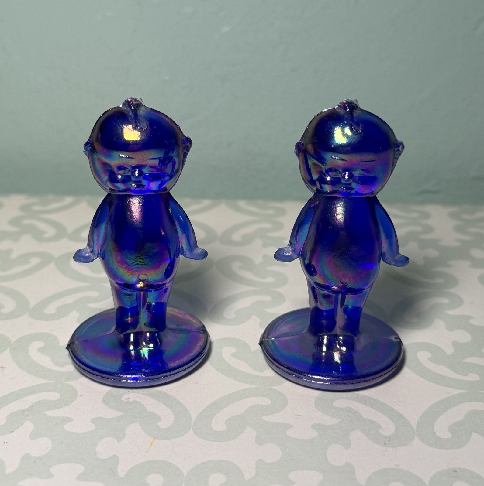 Vintage Boyd Glass Blue Iridescent Kewpie Figures Lot of 2