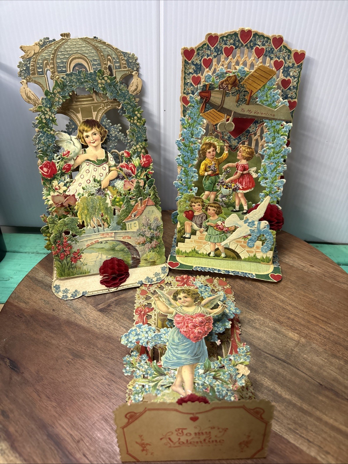 Antique 3D Die Cut Pop Up Valentine Cards Lot 3 Victorian Fold Out Stand Up 1928