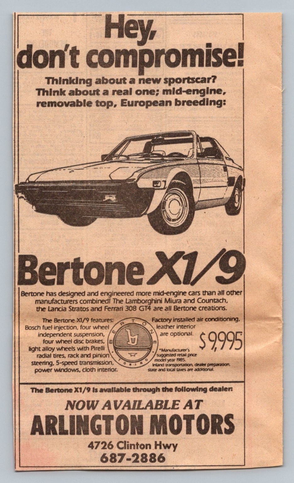 1985 Bertone X1/9 Sports Car Newspaper Ad Arlington Motors Knoxville TN
