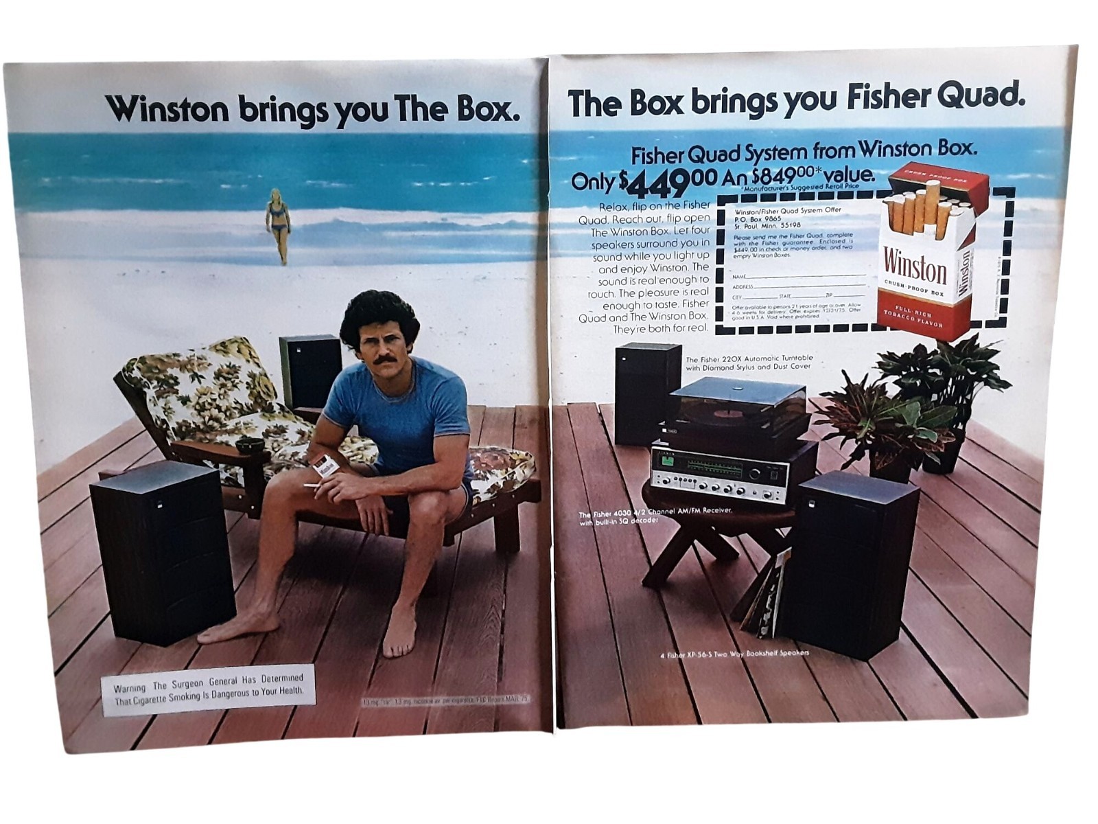 1975 Winston Cigarettes Fisher Quad Stereo System 2 Page Vintage Ad