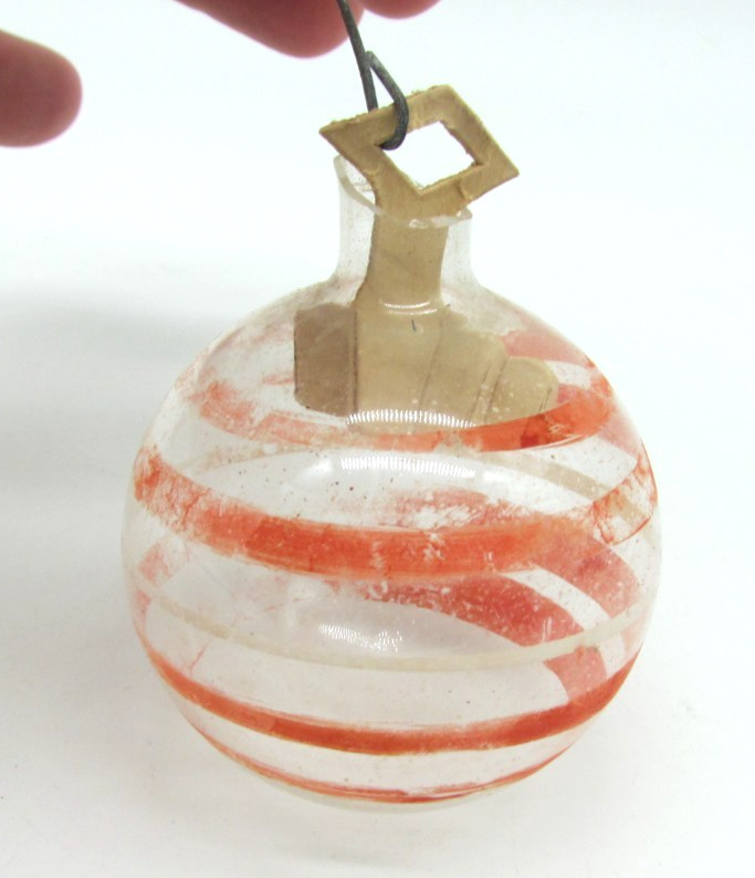 Vintage WWII 1943-45 Unsilvered Glass Christmas Ornament Paper Hanger Red Stripe