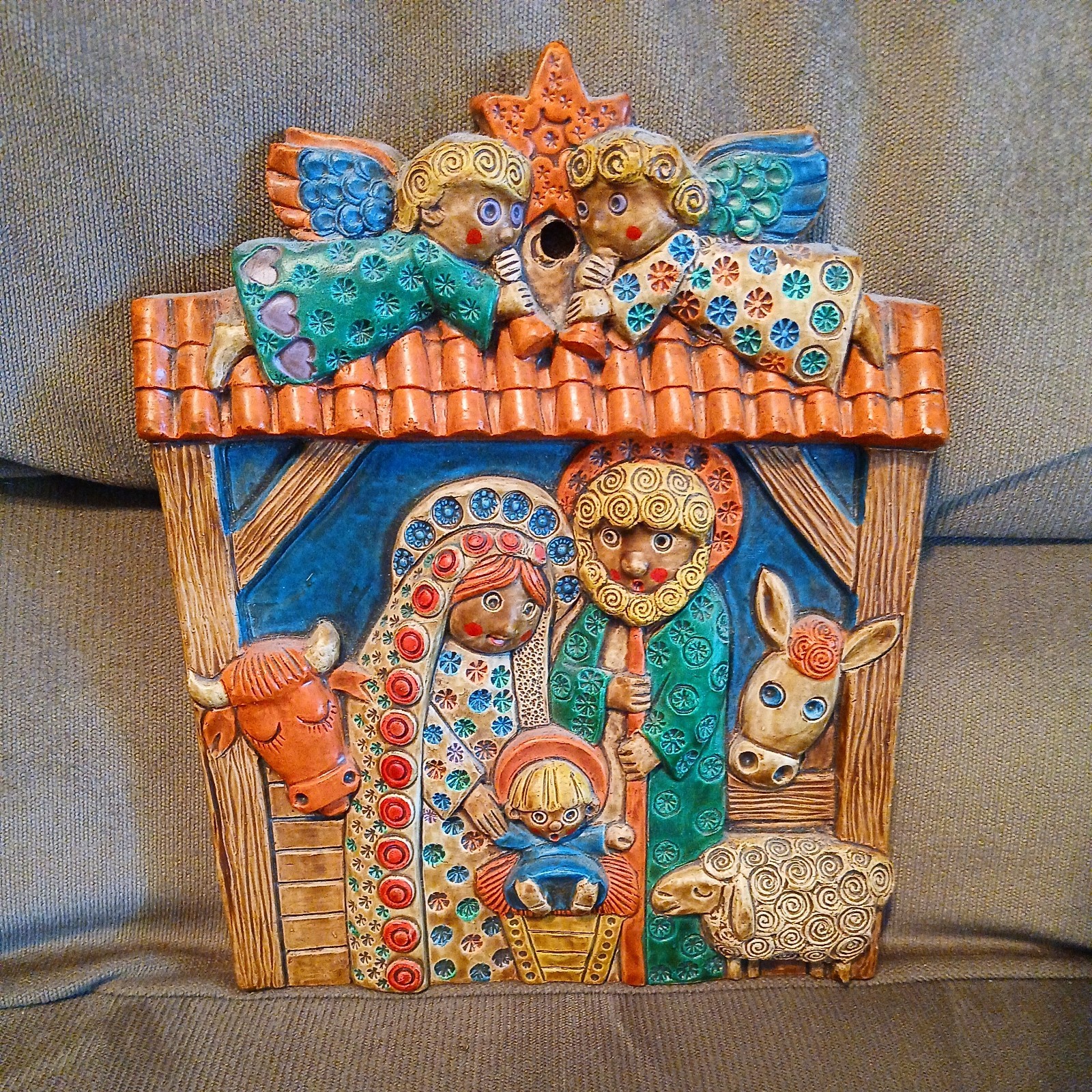 Vintage Ceramica del Convento J.M. Nativity Wall Plaque Made in Spain Folk Art