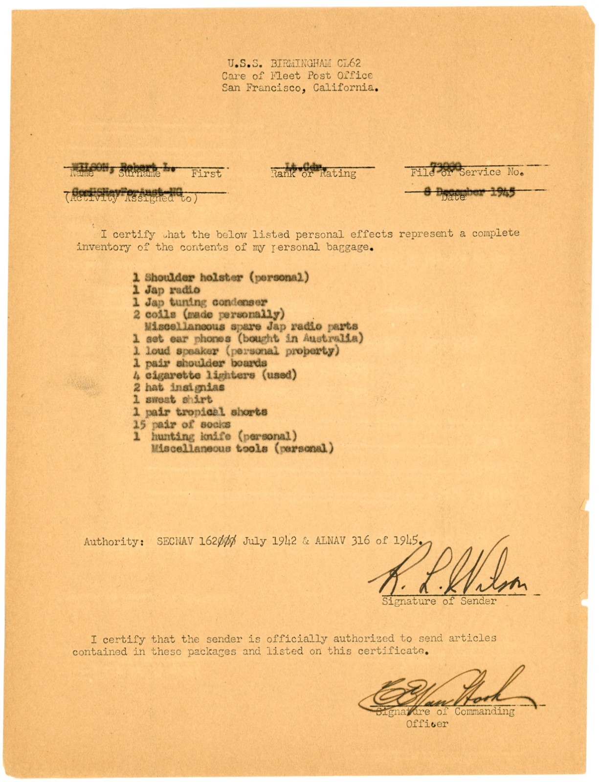 1945 U.S.S. Birmingham Permission to Bring War Trophies Into the U.S. Form #KR