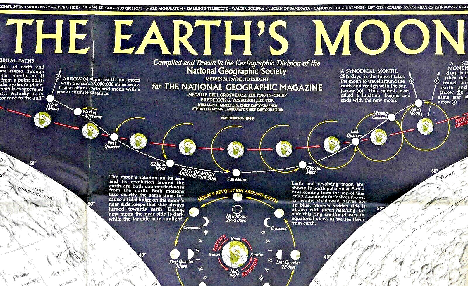 1969-2 February Vintage Original EARTH'S MOON National Geographic Map - (583)