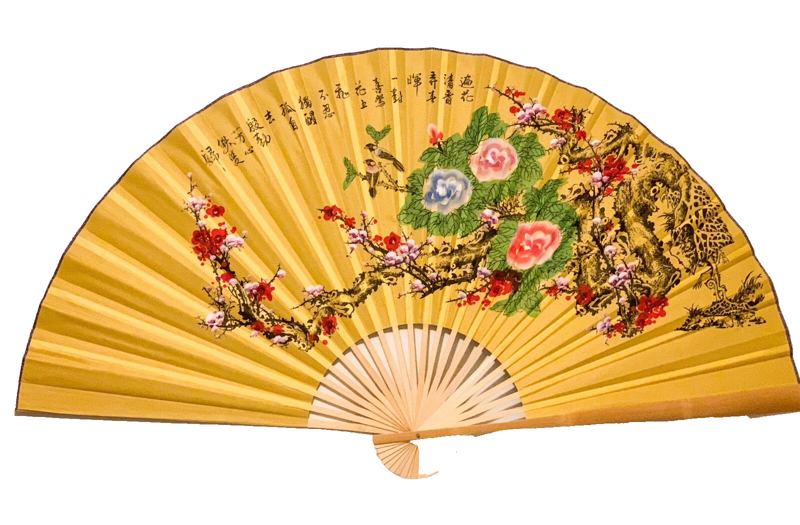 Large 64*35.5 Inch Oriental Wall Hanging Folding Fan with Plum and Peony Flower