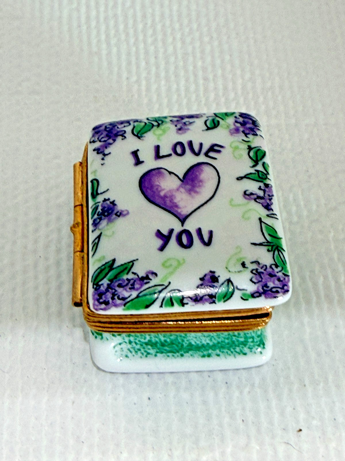Vintage Limoges France I LOVE YOU Hand Paint Porcelain Trinket Box Purple Heart