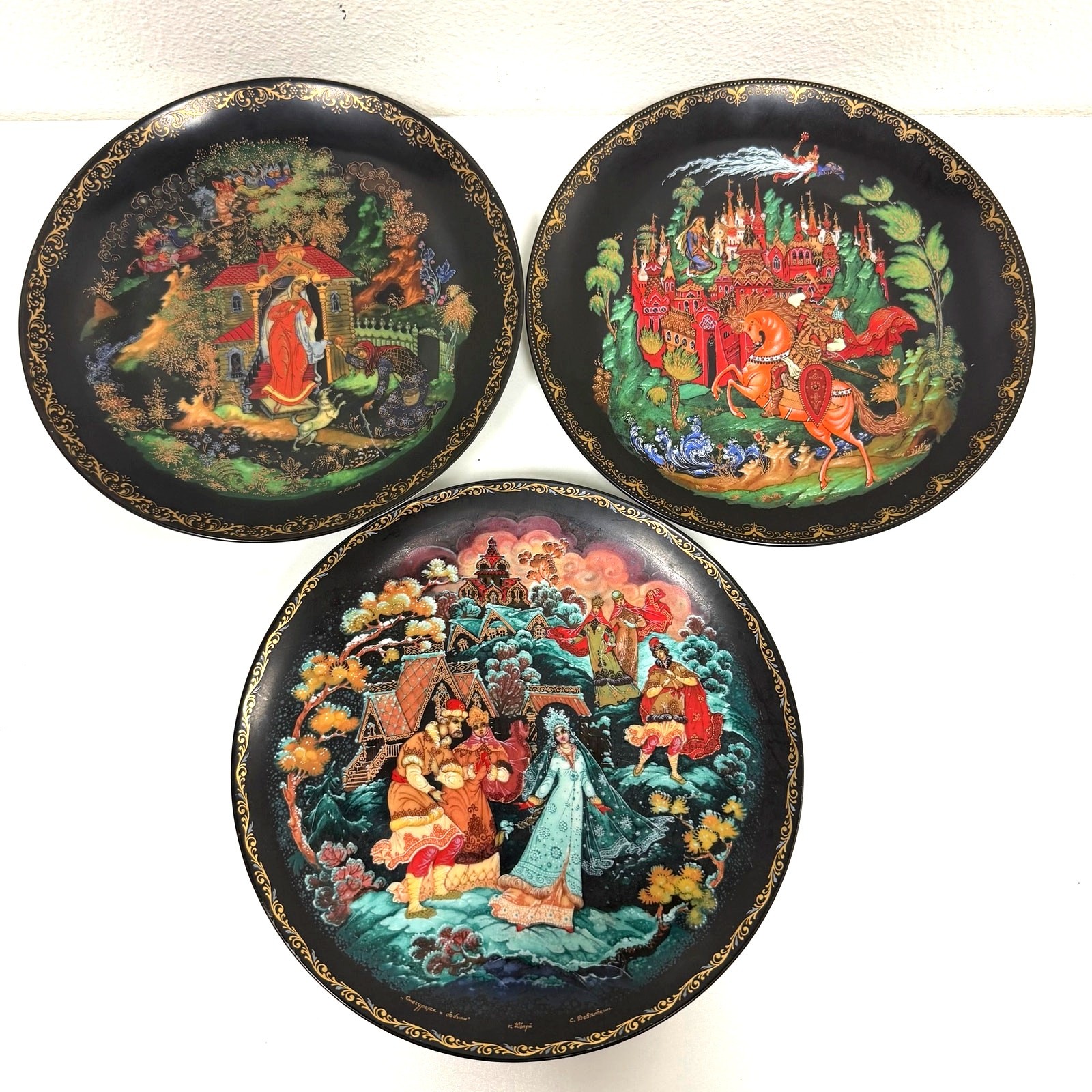 Vintage 1988 Russian Palekh Fairy Tale Collector Plates Bradex Godl- Set of 3
