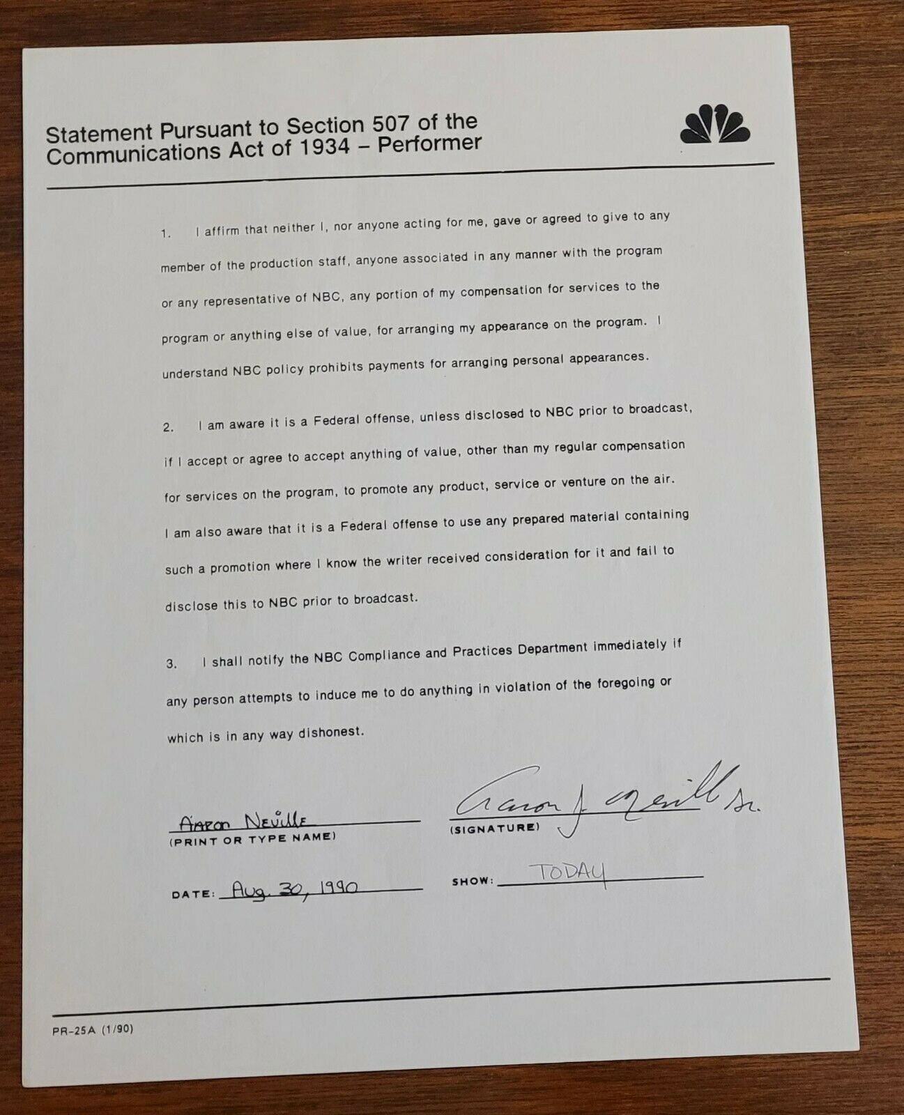 1990 MUSIC CONTRACT SIGNED RARE NBC AUTOGRAPH AARON NEVILLE TODAY SHOW