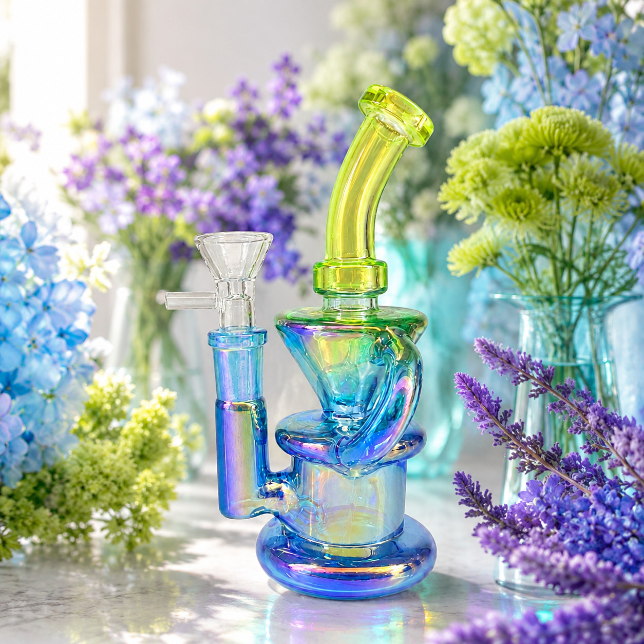Lime Blue Iridescent Compact Glass Water Pipe 14mm 6~6.5 inch