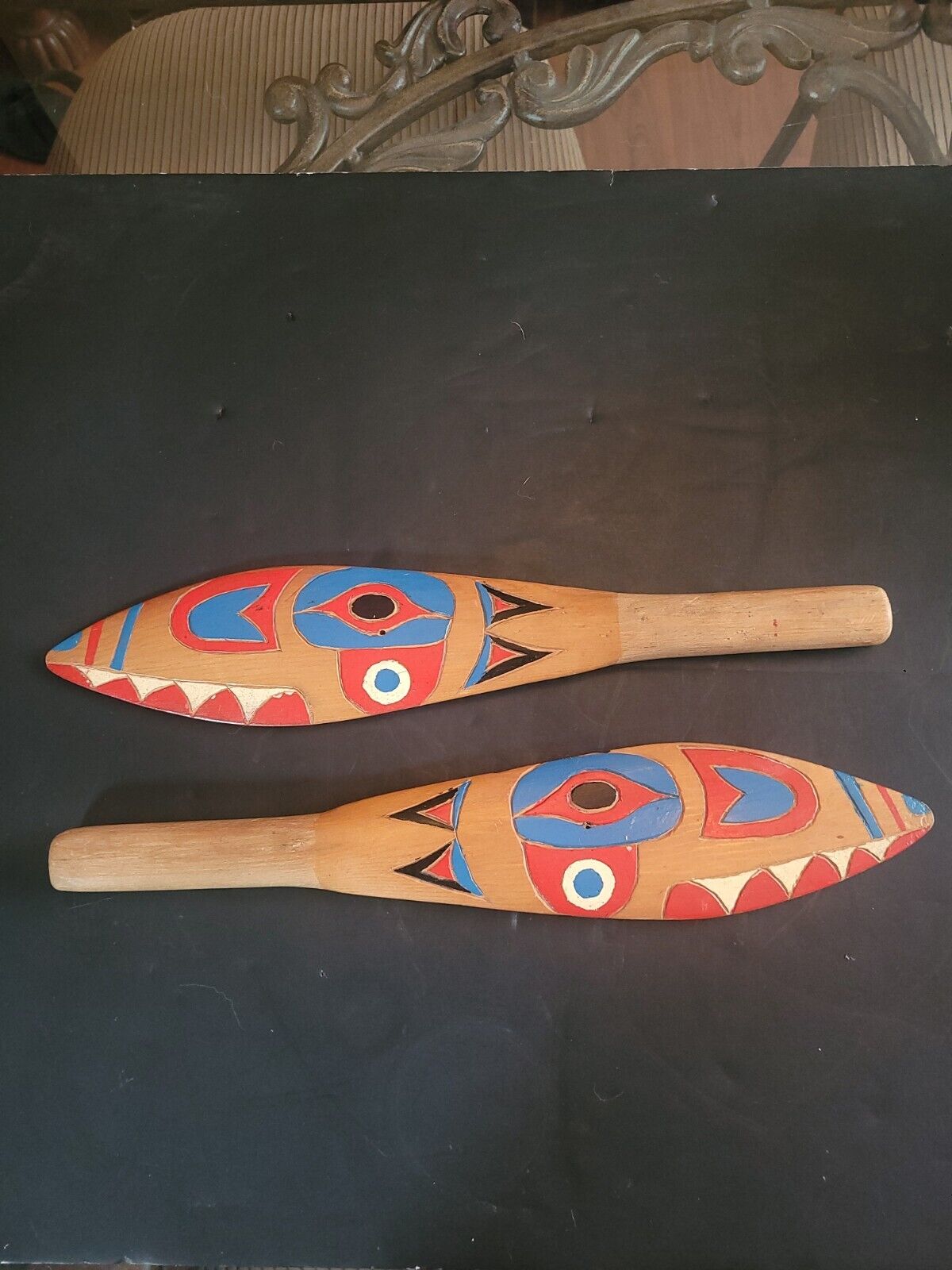 Vintage NW Native American Carved And Painted Mini Paddles. Raven Head & Orca15\