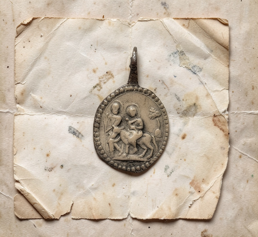 Antique 16th-17th C Bronze Medal Holy Family Flight into Egypt Donkey Pendant Antique 16th-17th C Bronze Medal Holy Family Flight into Egypt Donkey Pendant