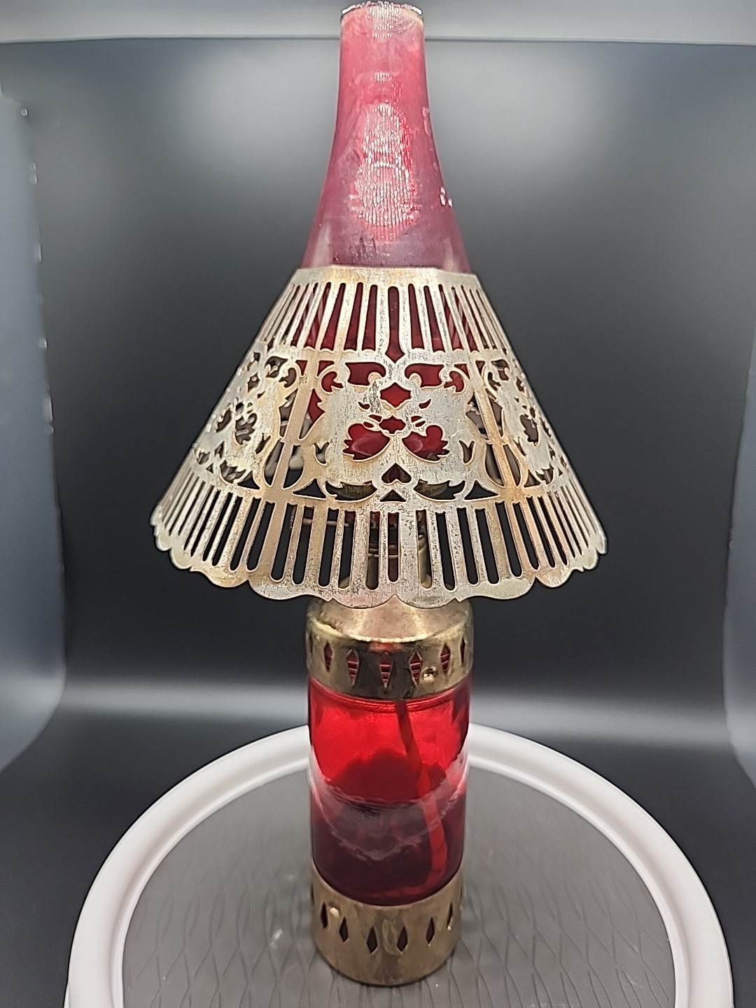 Antique Miniature Ruby Red Glass Oil Lamp Brass Glass   Pierced Metal Shade