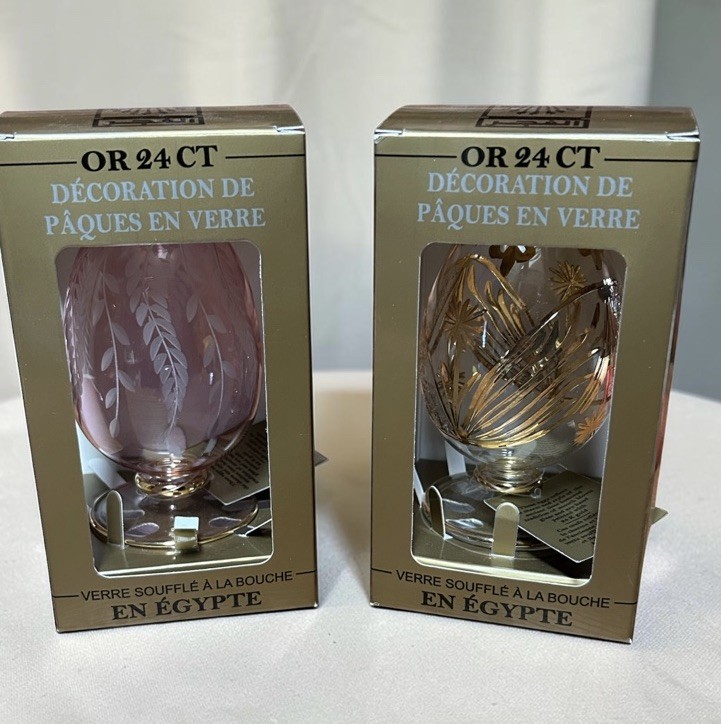 Set Of 2 Blown Glass Egg Figurine Gold And Pink Color with Etching and Gold Trim