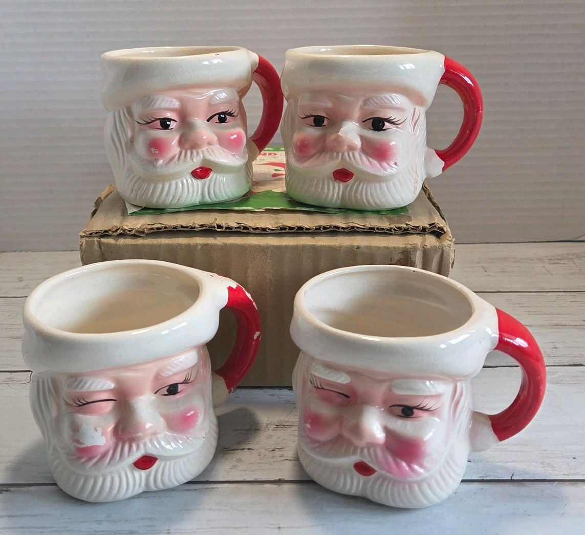 VTG 50/60\'s Winking Santa Mugs cups Set 4 Orig Box Santa Land Christmas decor