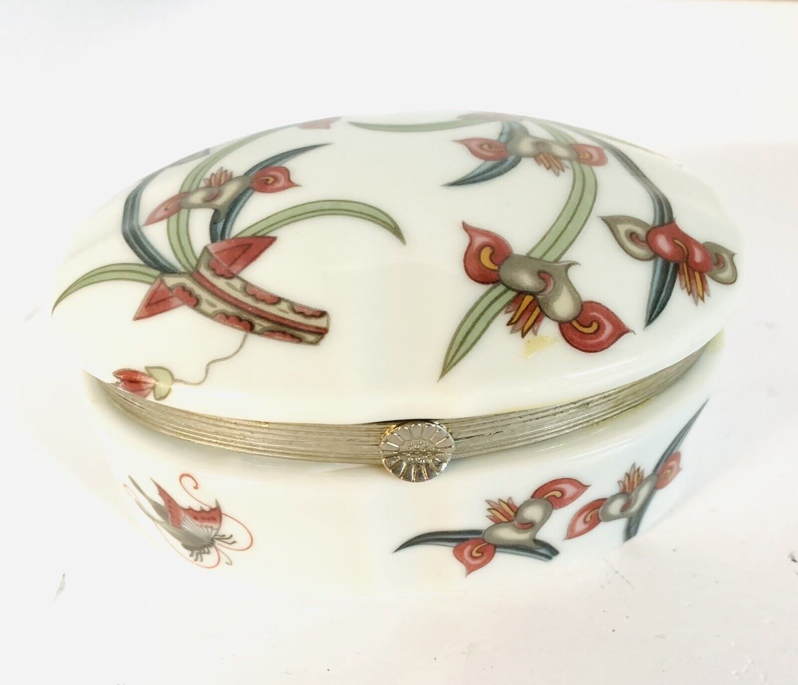 Vintage Neiman Marcus Floral Bird Trinket Box Porcelain and Metal Made in Japan