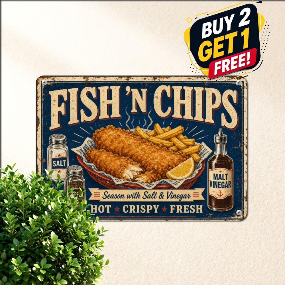 Crispy Fish And Chips Salt And Vinegar British Pub Vintage Metal Tin Sign