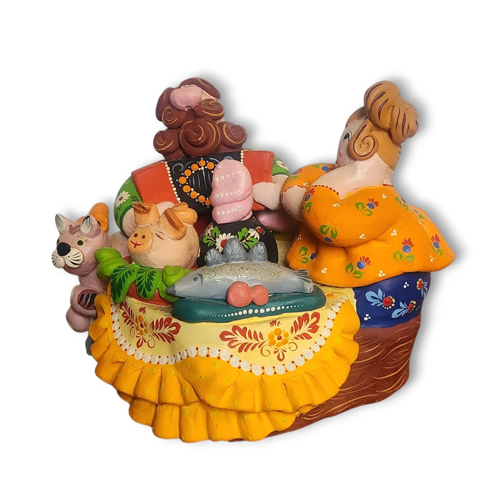 Russian Dymkovo Folk Art Pottery Clay Figurine Signed 