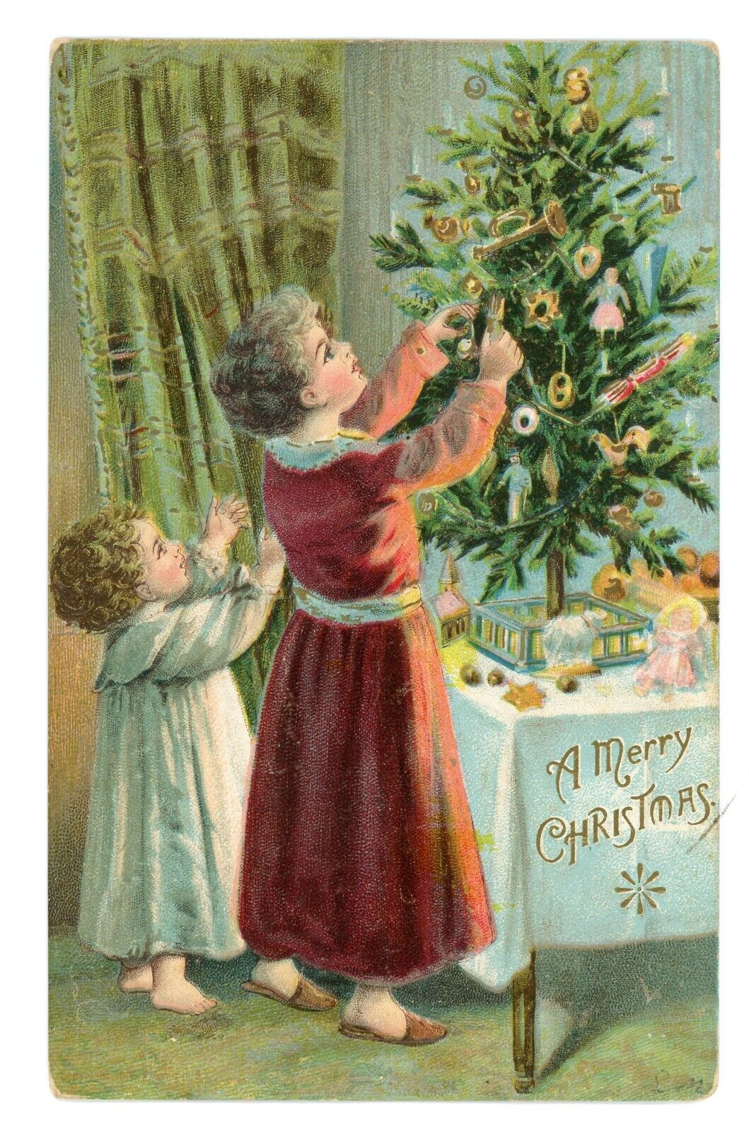 Antique Christmas Postcard Embossed Mother Child Decorating Christmas Tree 1907