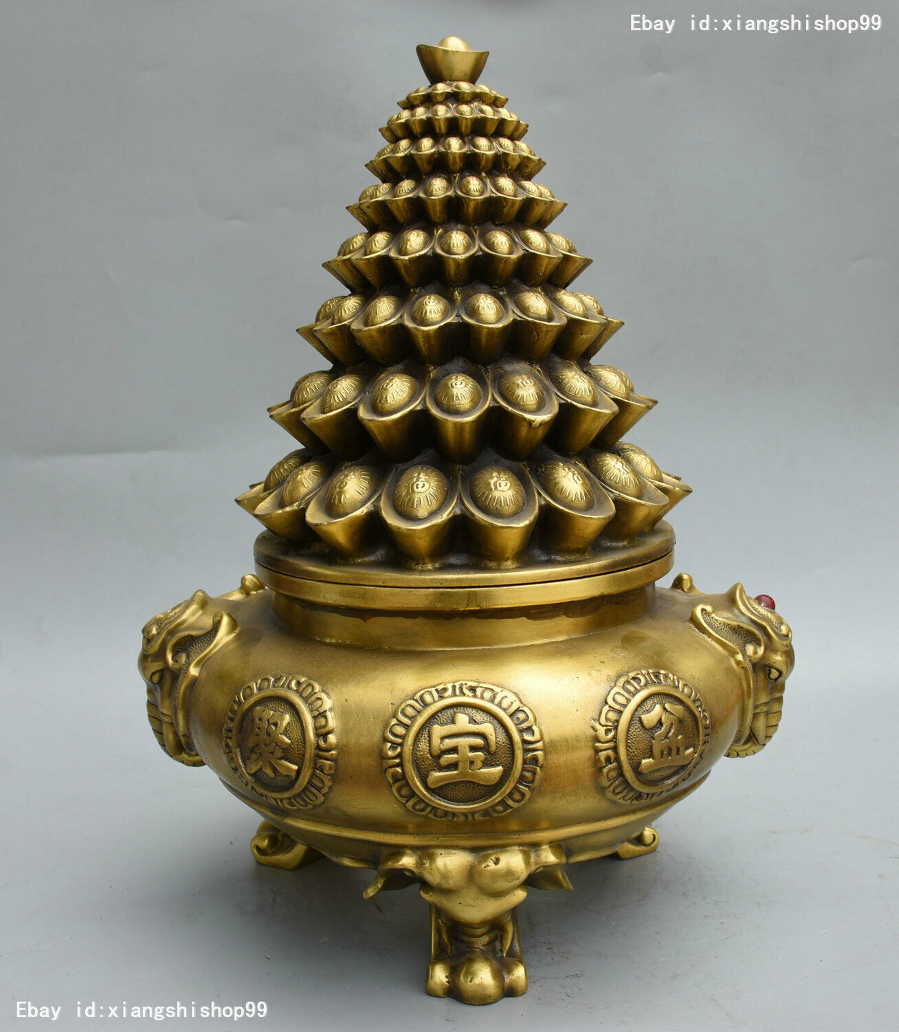 14 Chinese Pure Copper Brass Elephant Statue Treasure Bowl Incense Burner Censer