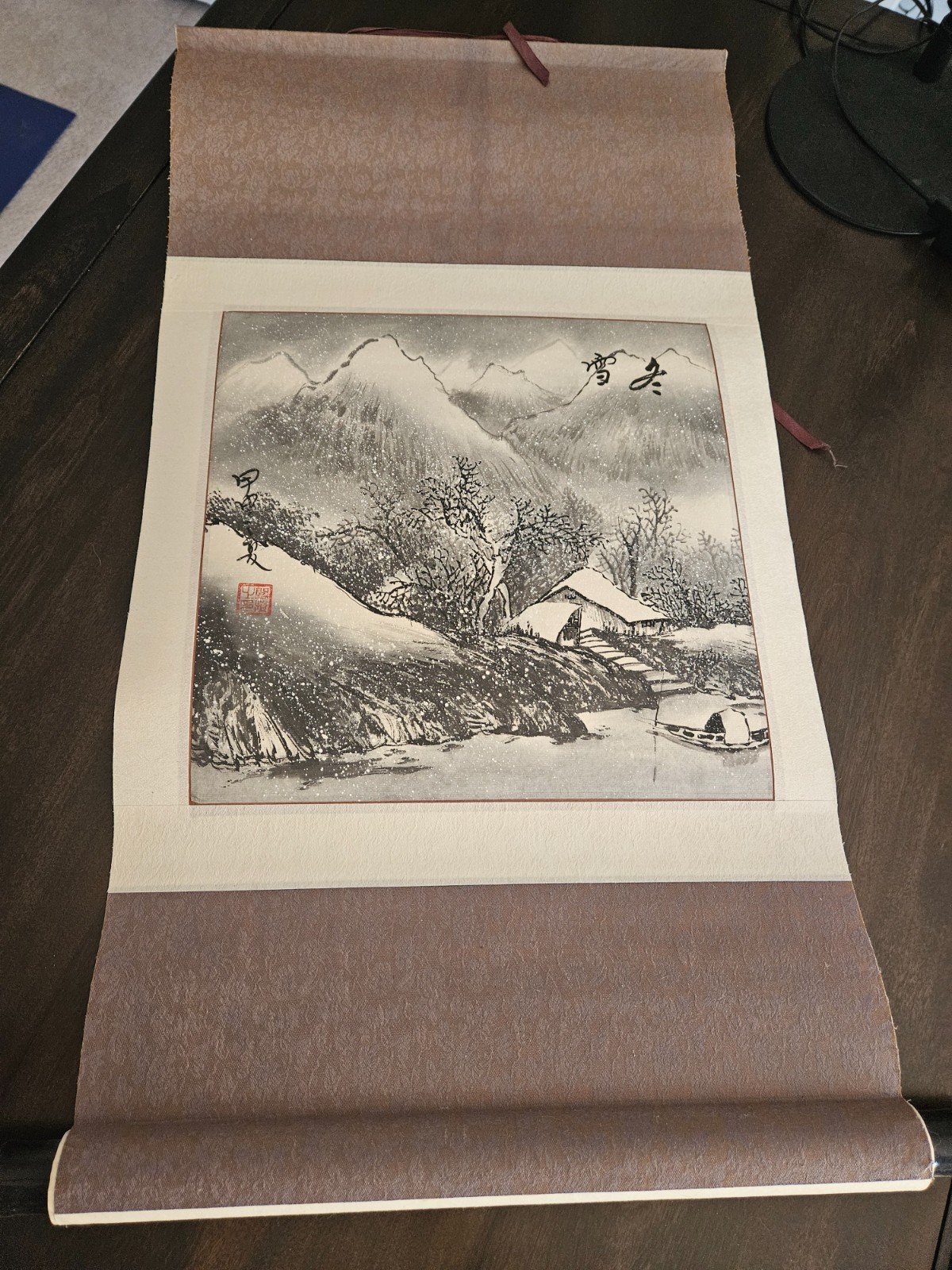 Vintage Chinese hand-painted winter landscape hanging scroll with artist seal, 
