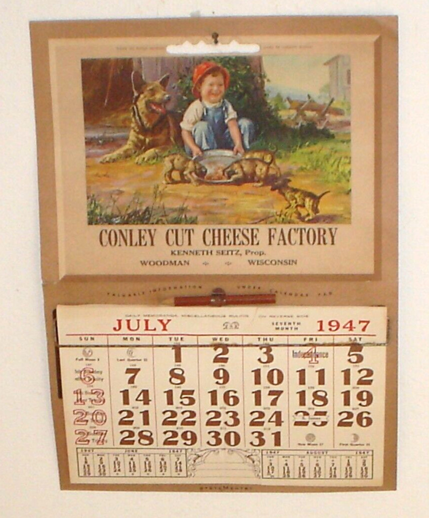 Vintage 1947 Conley Cut Cheese Factory Woodman, Wisconsin Calendar w/ Pencil M17