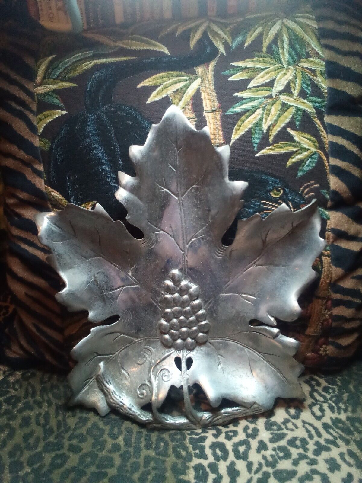Large aluminum or pewter leaf tray,needs a cleaning.