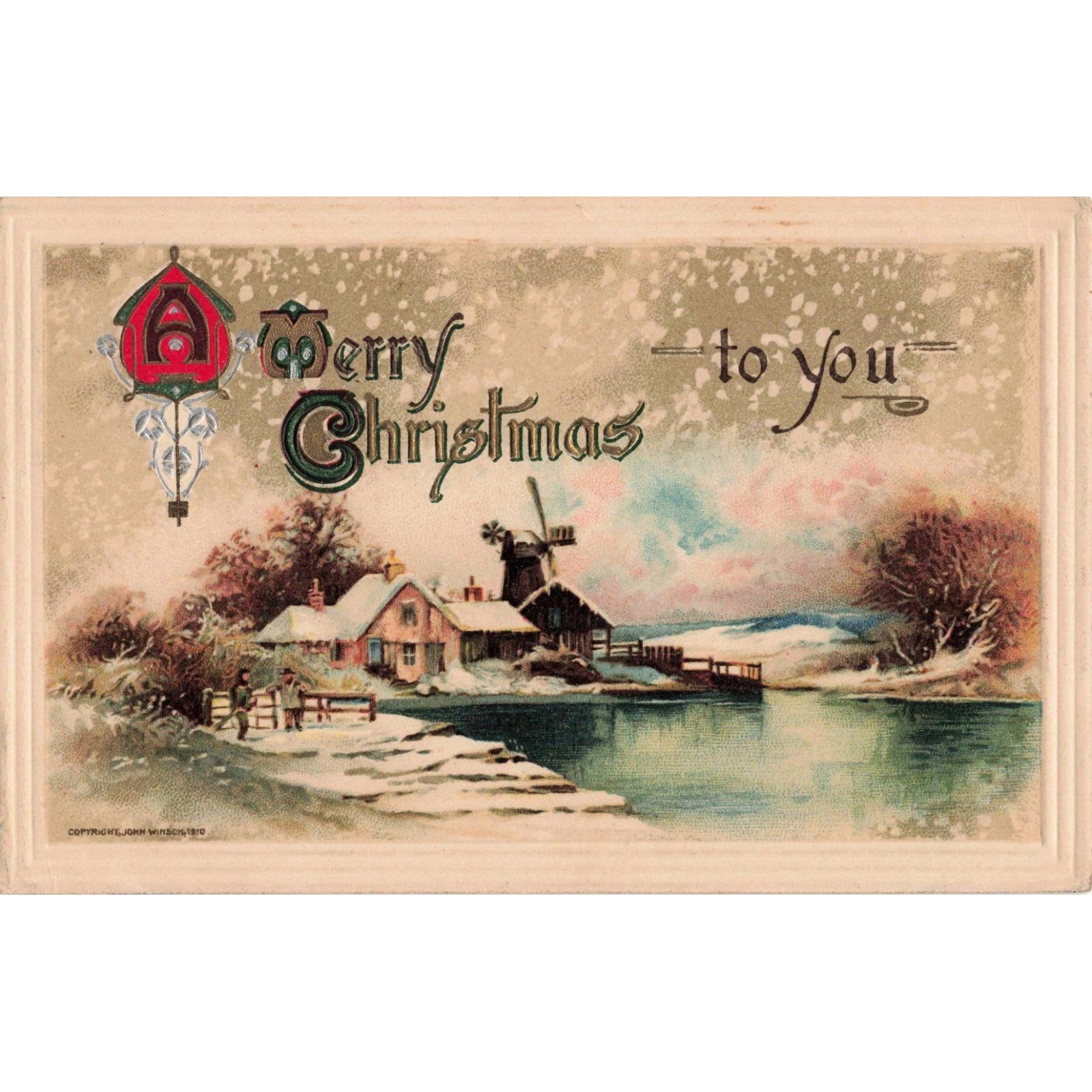 Vintage 1910 John Winsch Merry Christmas Postcard Winter Scene Windmill Germany