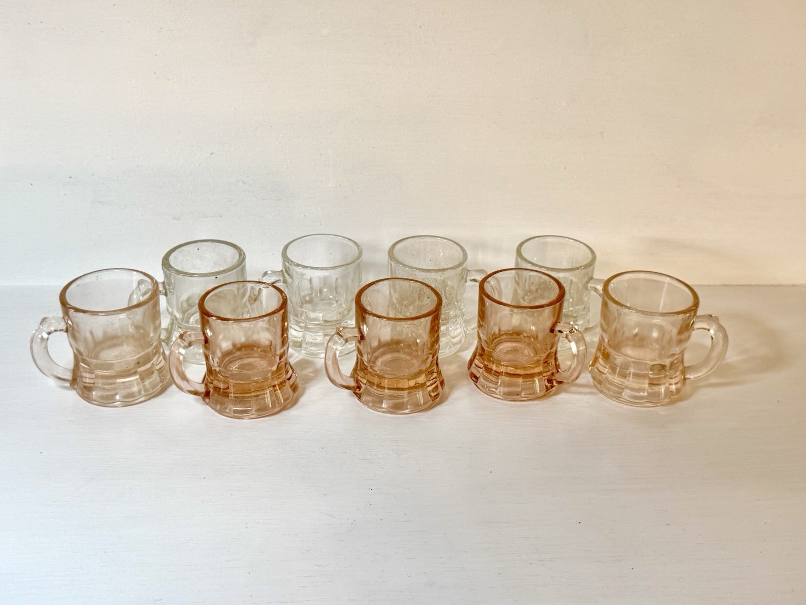 9 Vintage Federal Glass Mini Beer Stein Mugs Shot Glasses 5 Pink Depression