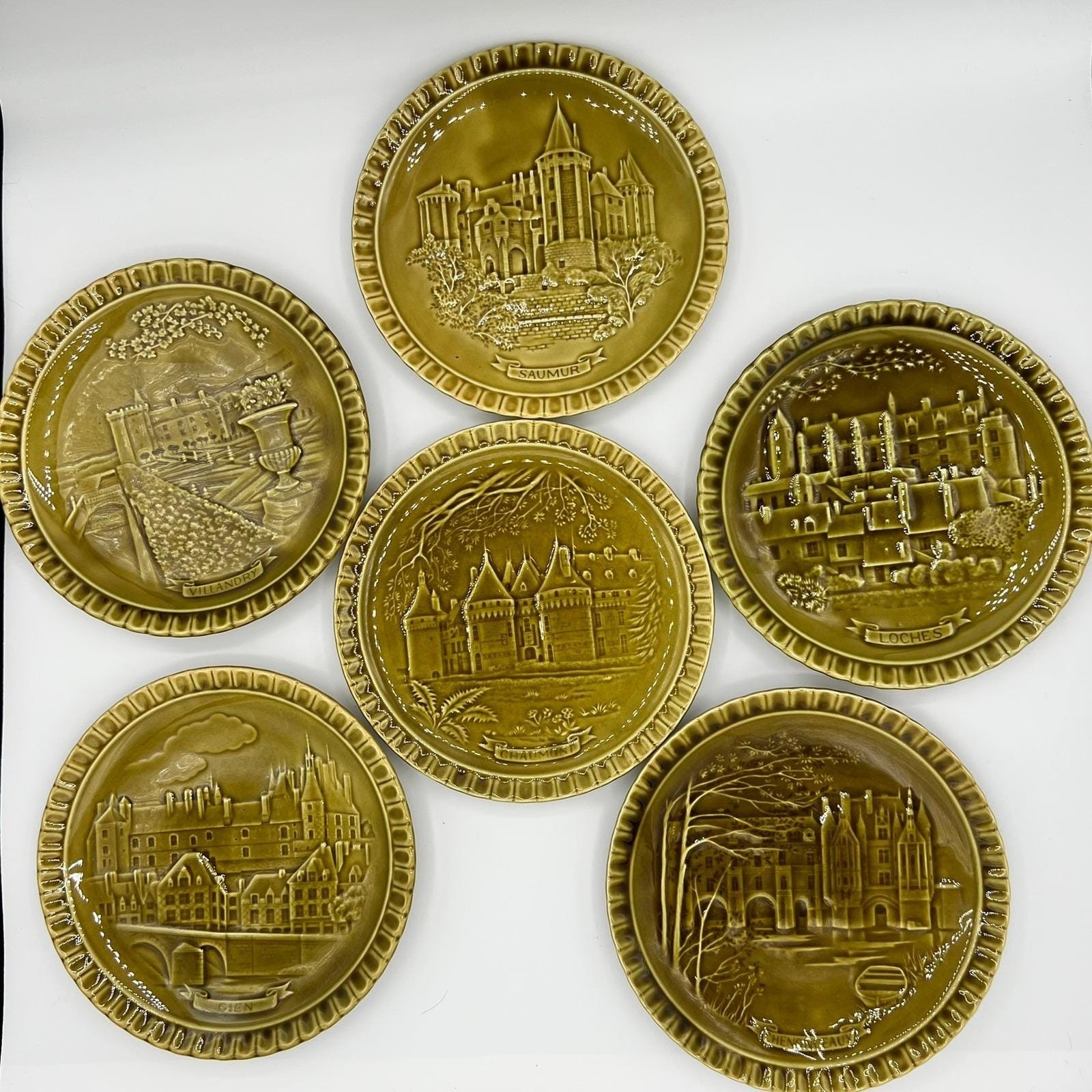 Vintage Gien France Châteaux Loire Plates Set of 6 - Rare Green Wine Edition