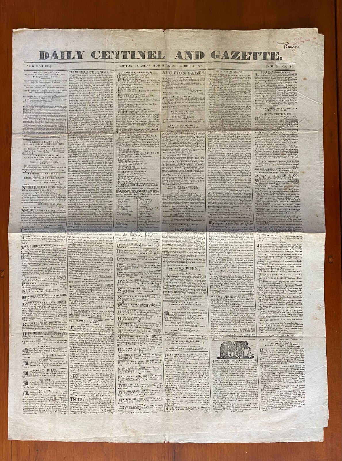 SCARCE December 4, 1838 Issue DAILY CENTINEL AND GAZETTE (Boston) Short-Lived