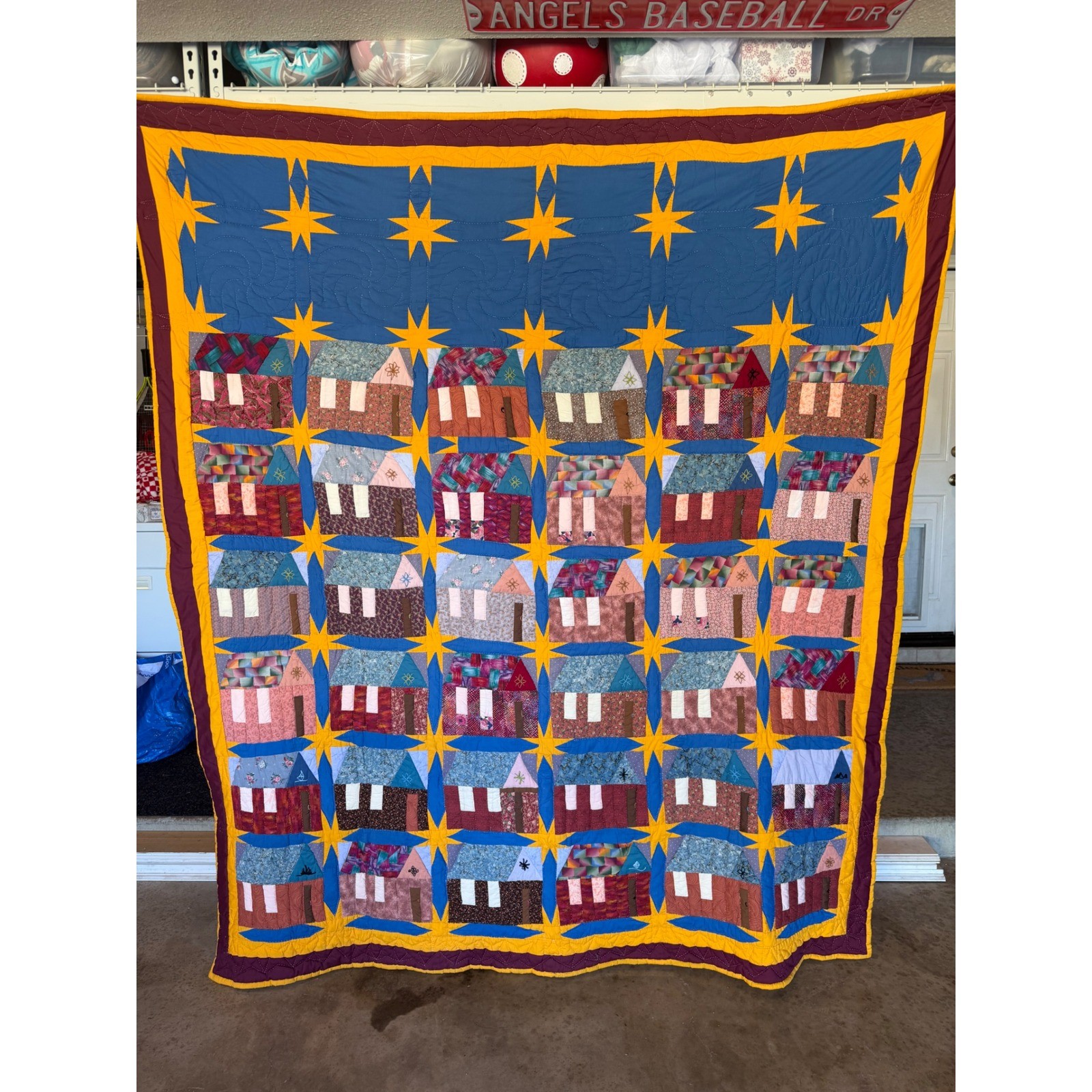 Vintage Handmade Schoolhouse Patchwork Quilt Blue Yellow Stars Folk Art 84\ Vintage Handmade Schoolhouse Patchwork Quilt Blue Yellow Stars Folk Art 84\