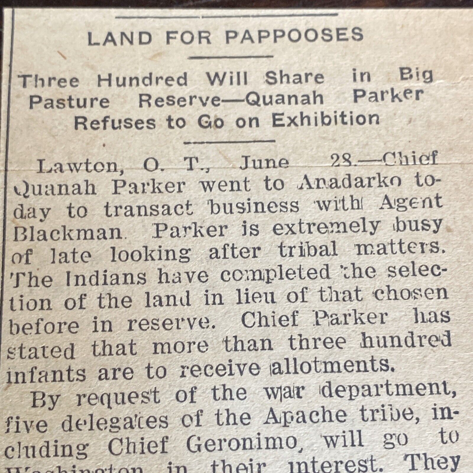 1906 Oklahoma Indian Territory Chief Quanah Parker Comanche Newspaper Clipping