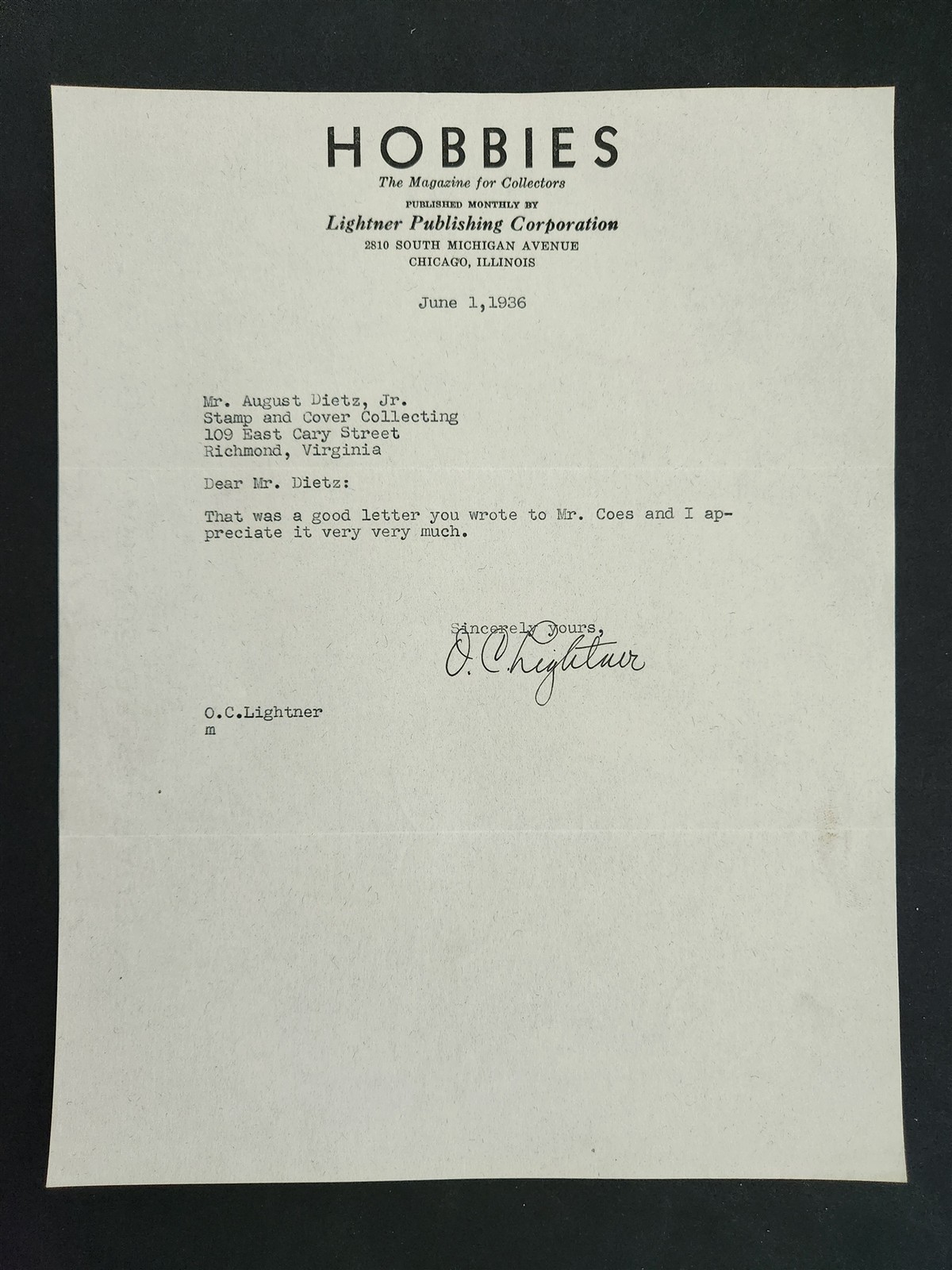 1936 antique HOBBIES MAGAZINE LIGHTNER PUBLISHING chicago LETTERHEAD letter