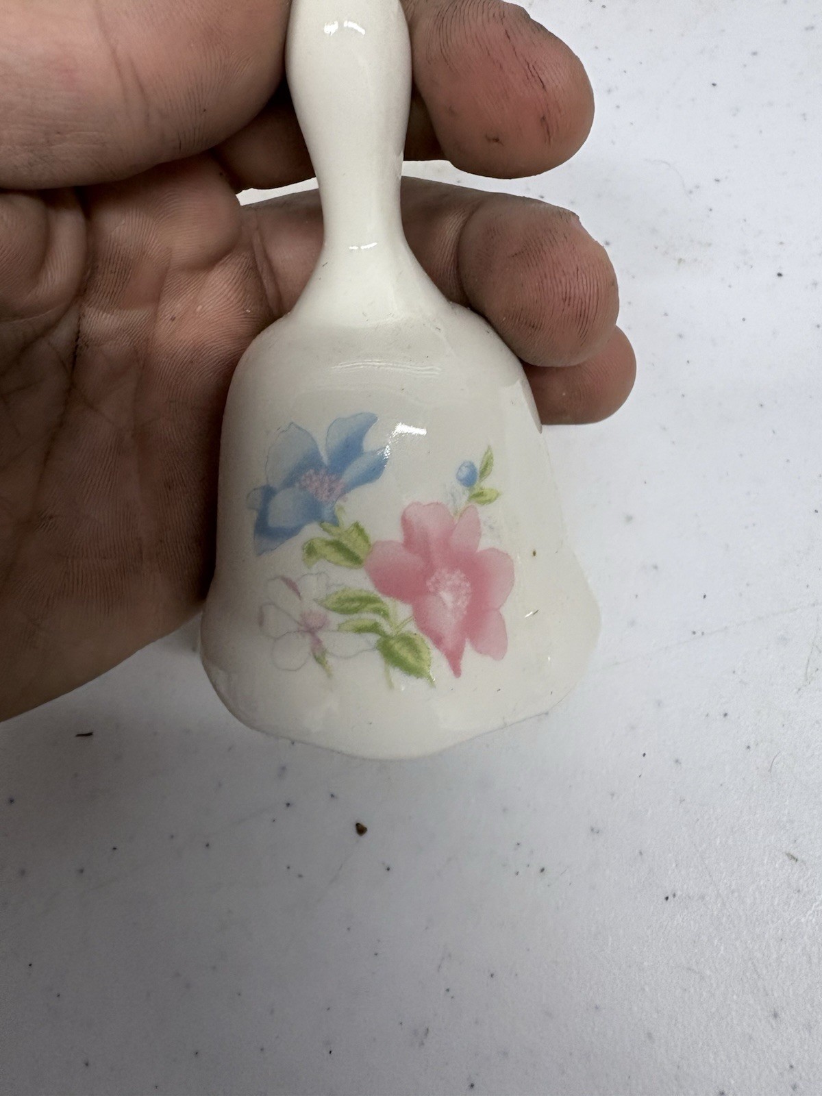 Vintage Porcelain Floral Hand Bell Pink Blue Flowers Ceramic Table Bell