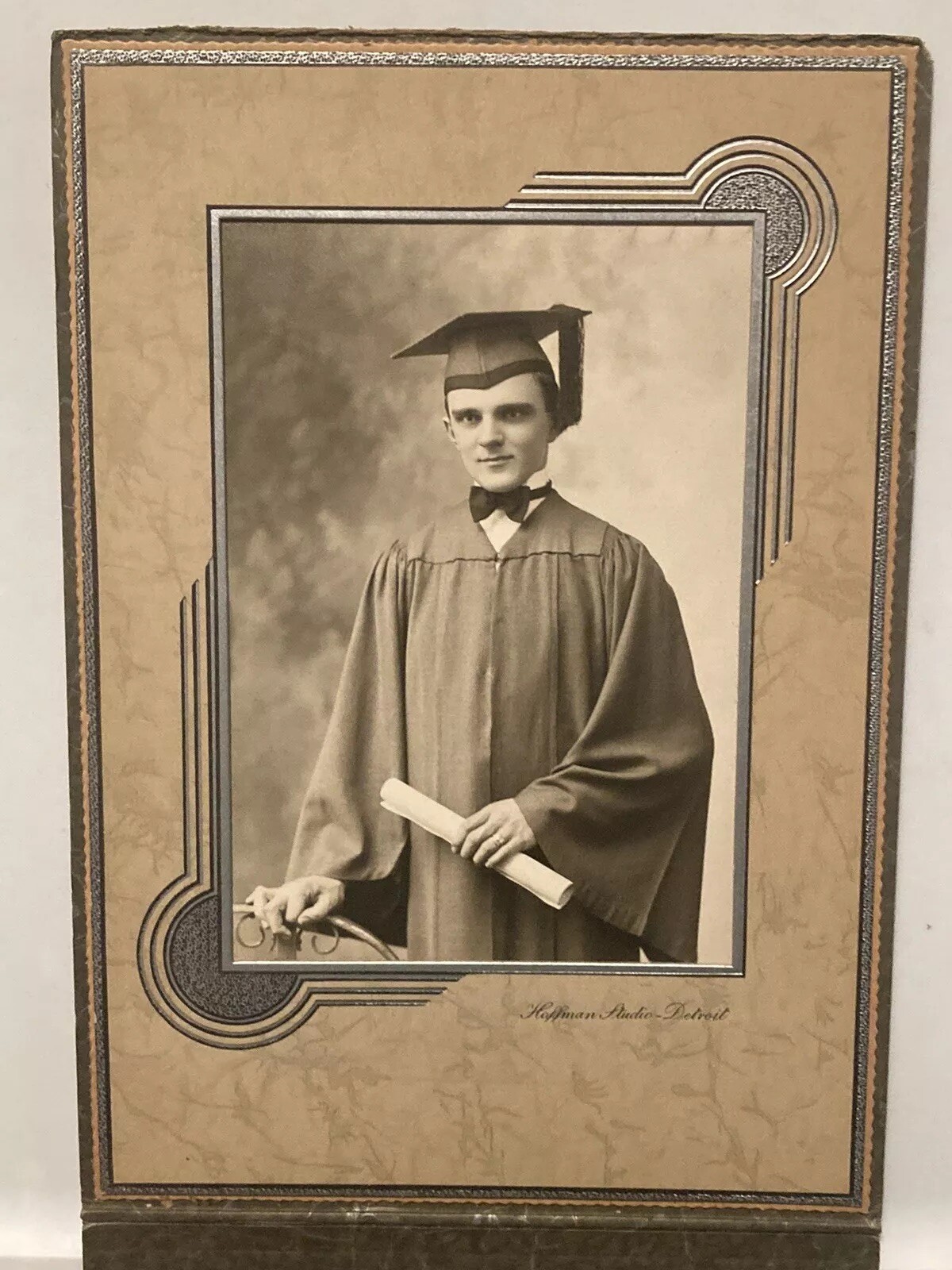 Antique 1929 Studio Folder Framed Photo Handsome Young Man Graduation Detroit MI