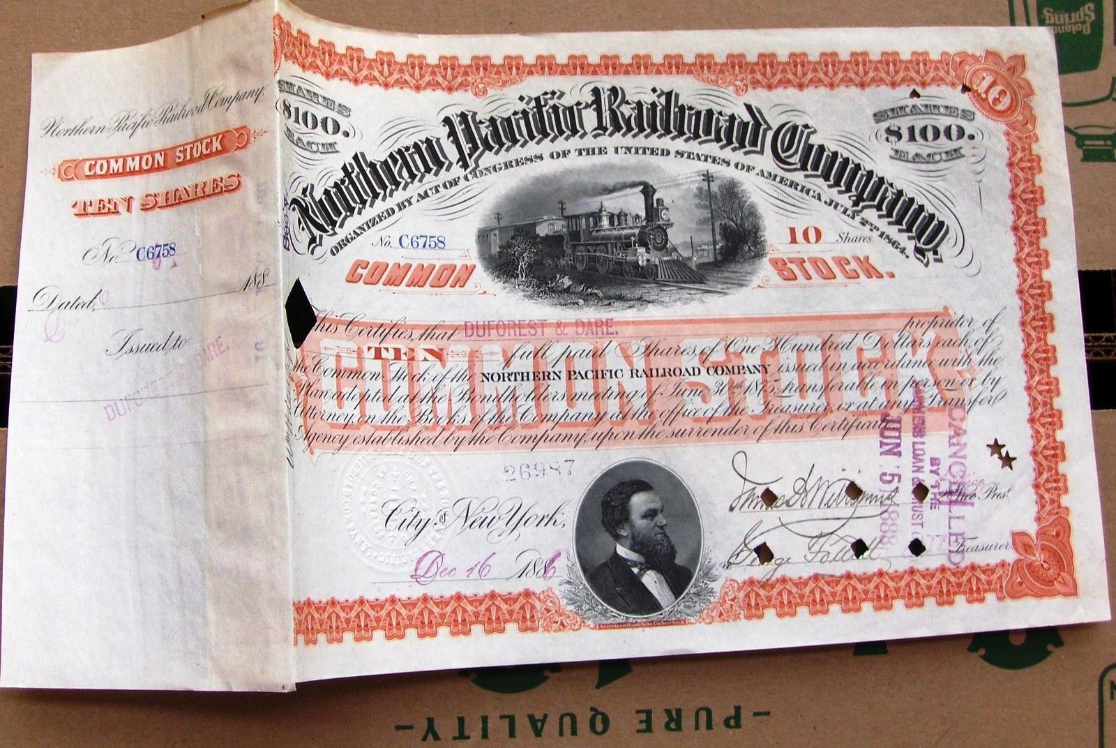Northern Pacific Railroad Company 1880s- 1890's red stock certificate